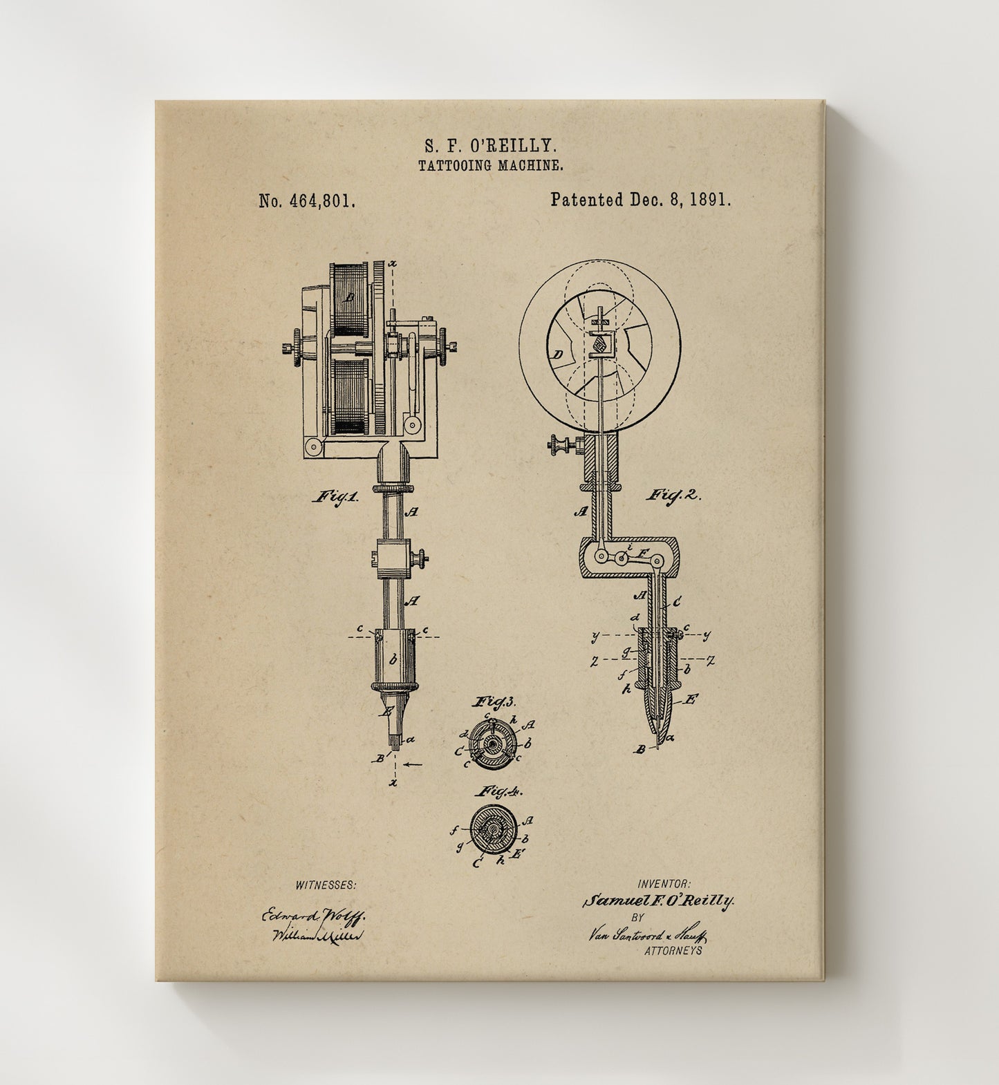Patent Print - Tattooing Machine - S. F. Oreilly - 1891 - Patent 464801 Patent Wall Art