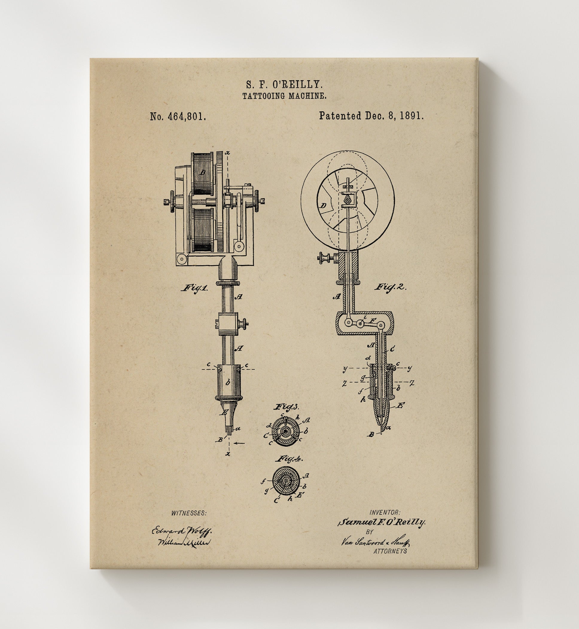 Patent Print - Tattooing Machine - S. F. Oreilly - 1891 - Patent 464801 Patent Wall Art