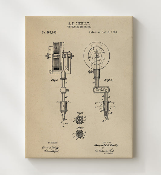 Tattooing Machine 1891 patent print wall art 8x10 Canvas