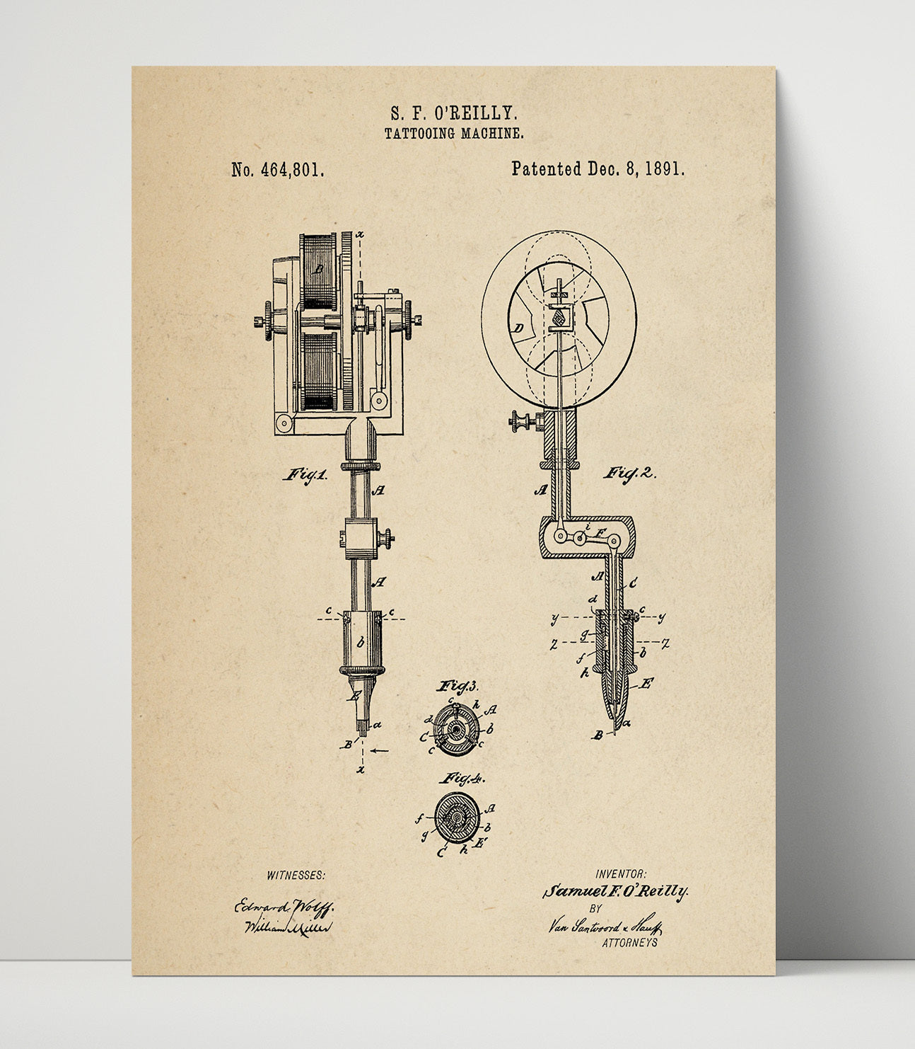 Patent Print - Tattooing Machine - S. F. Oreilly - 1891 - Patent 464801 Patent Wall Art