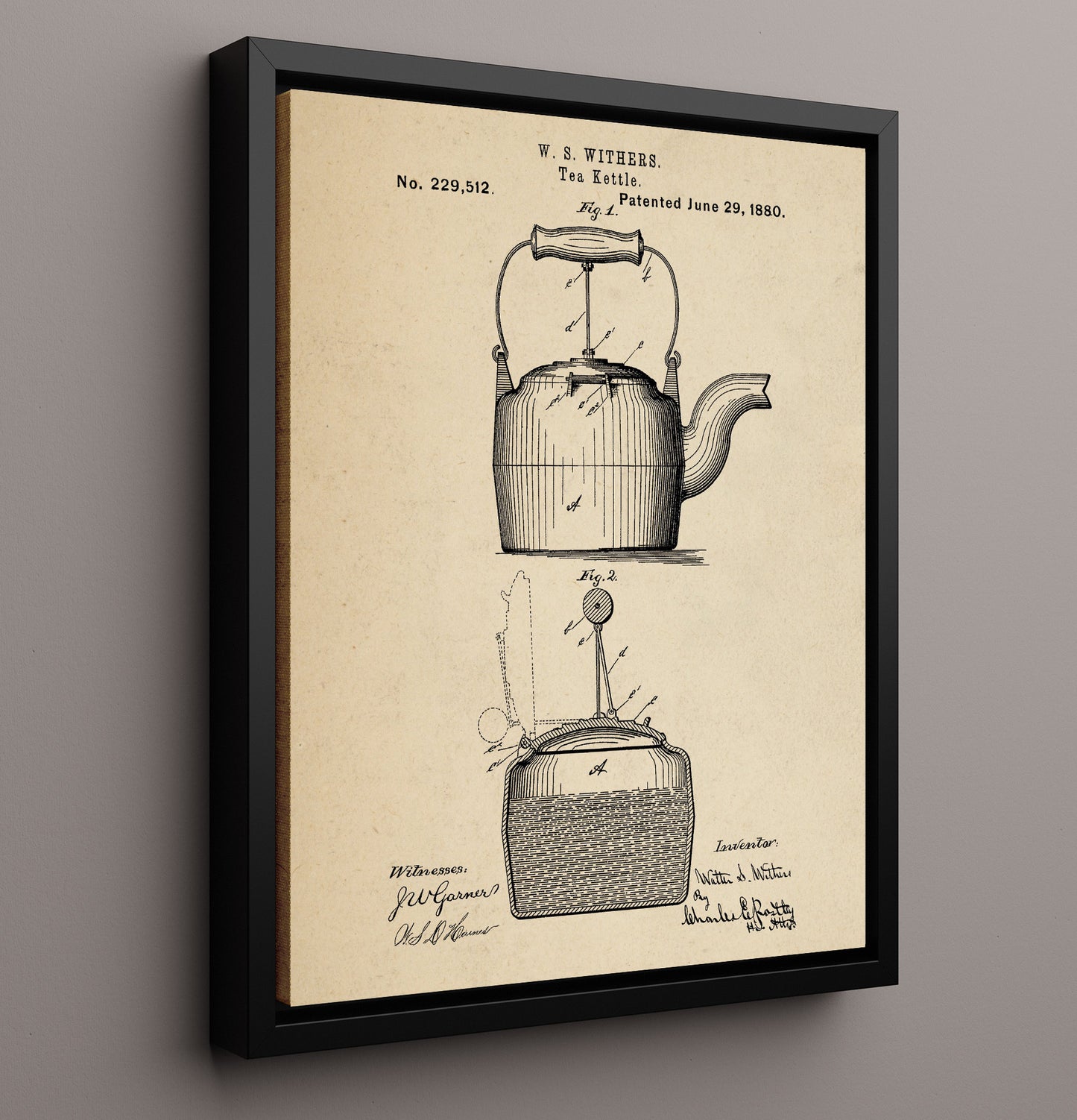 Patent Print - Tea Kettle - W.S. Withers - 1880 - Patent 229512 Patent Wall Art