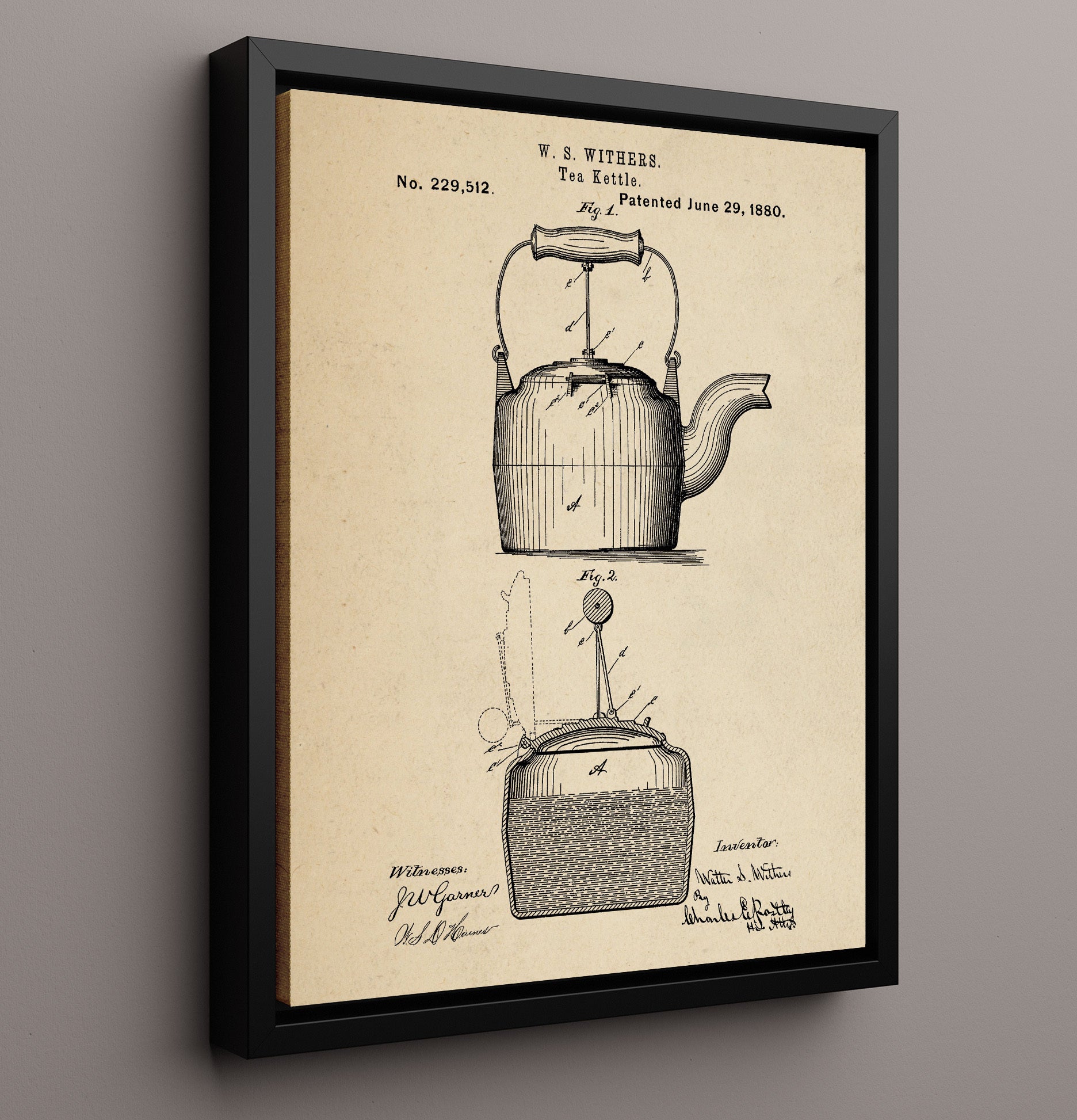 Patent Print - Tea Kettle - W.S. Withers - 1880 - Patent 229512 Patent Wall Art