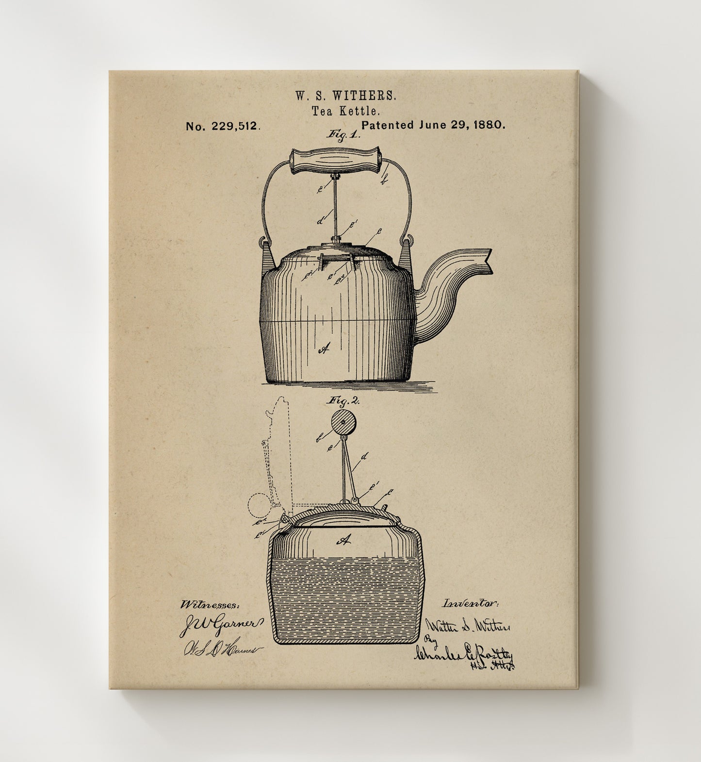 Patent Print - Tea Kettle - W.S. Withers - 1880 - Patent 229512 Patent Wall Art