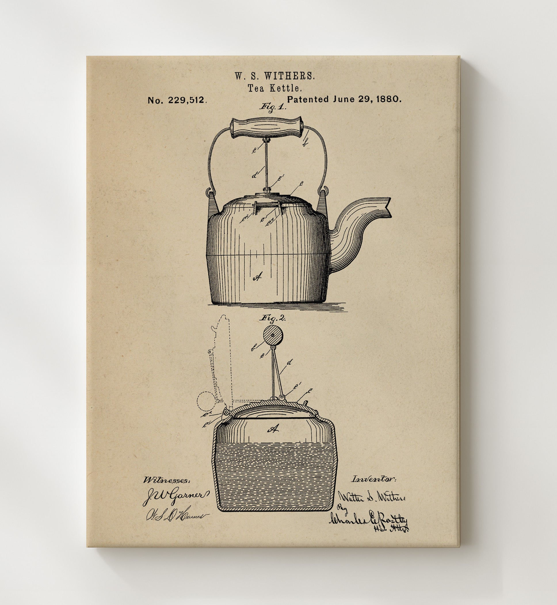 Patent Print - Tea Kettle - W.S. Withers - 1880 - Patent 229512 Patent Wall Art