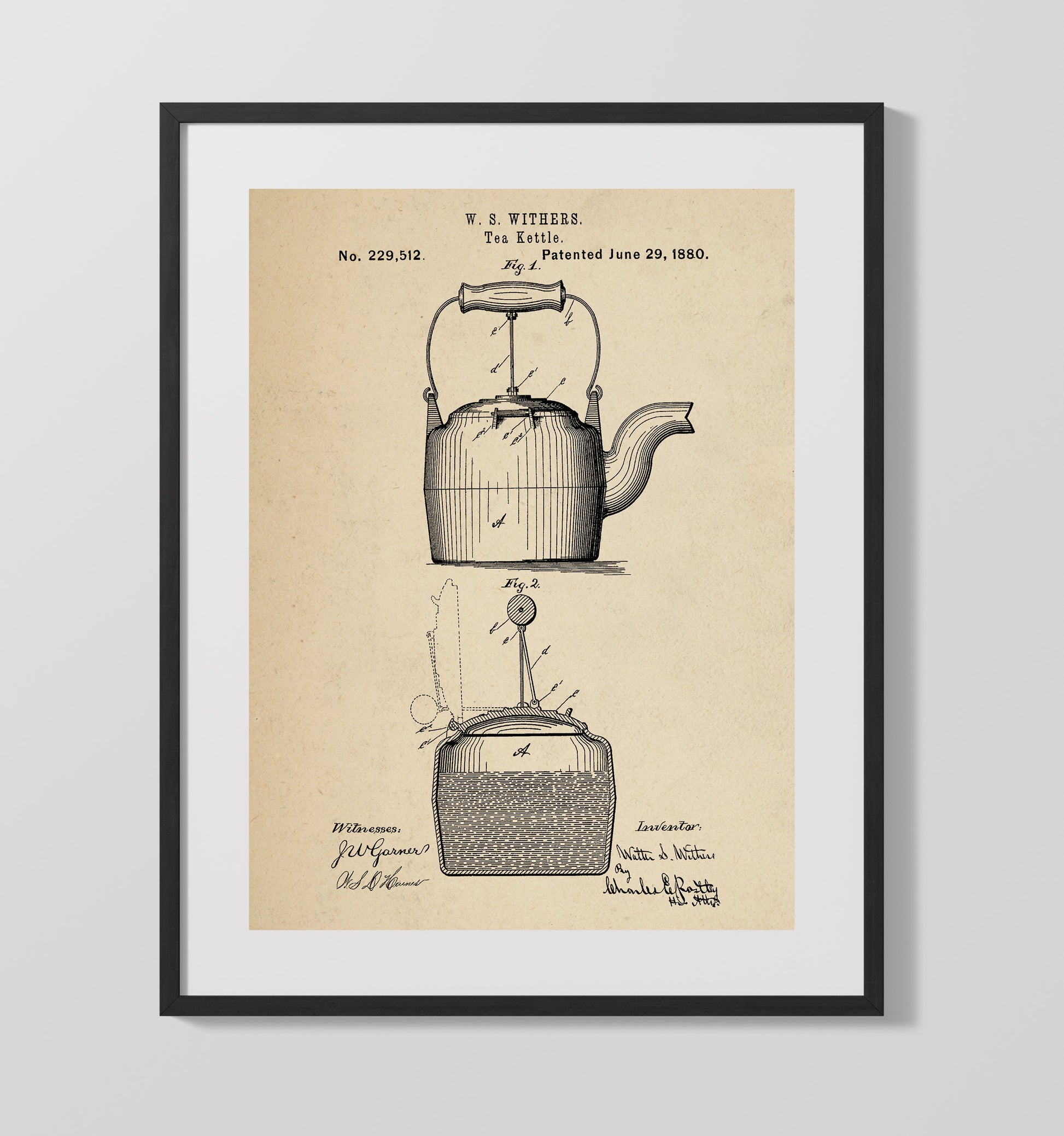 Patent Print - Tea Kettle - W.S. Withers - 1880 - Patent 229512 Patent Wall Art