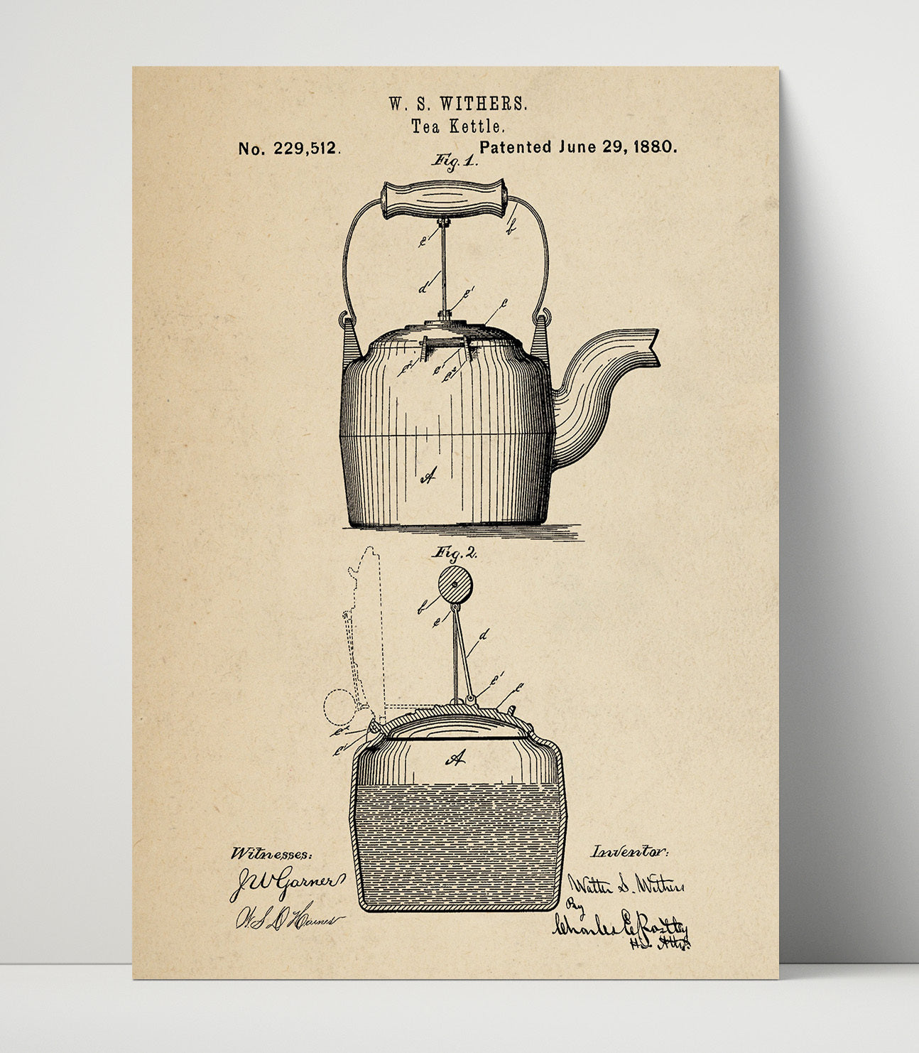 Patent Print - Tea Kettle - W.S. Withers - 1880 - Patent 229512 Patent Wall Art