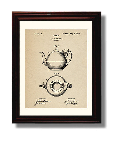 Patent Print - Tea Pot - J.E. Jeffords - 1889 - Patent D19256 Patent Wall Art