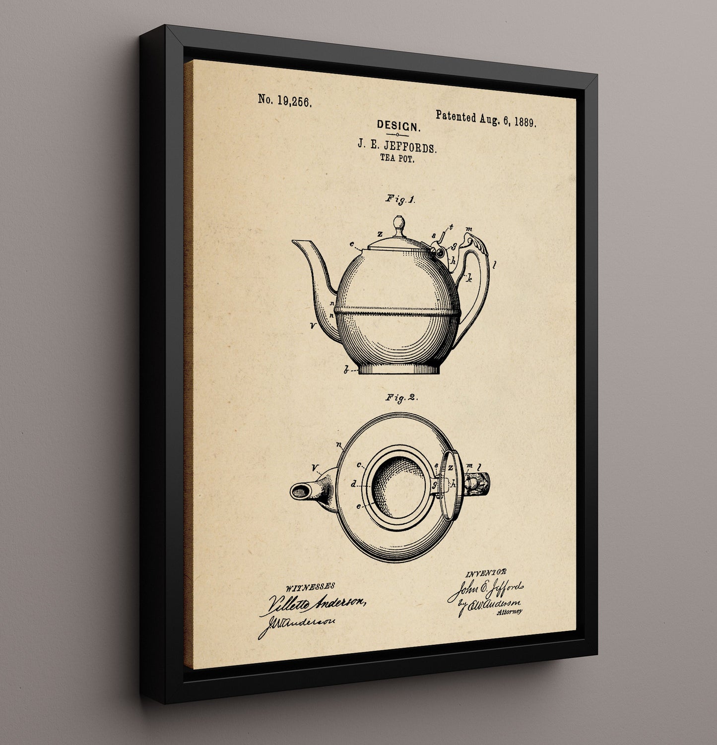 Patent Print - Tea Pot - J.E. Jeffords - 1889 - Patent D19256 Patent Wall Art