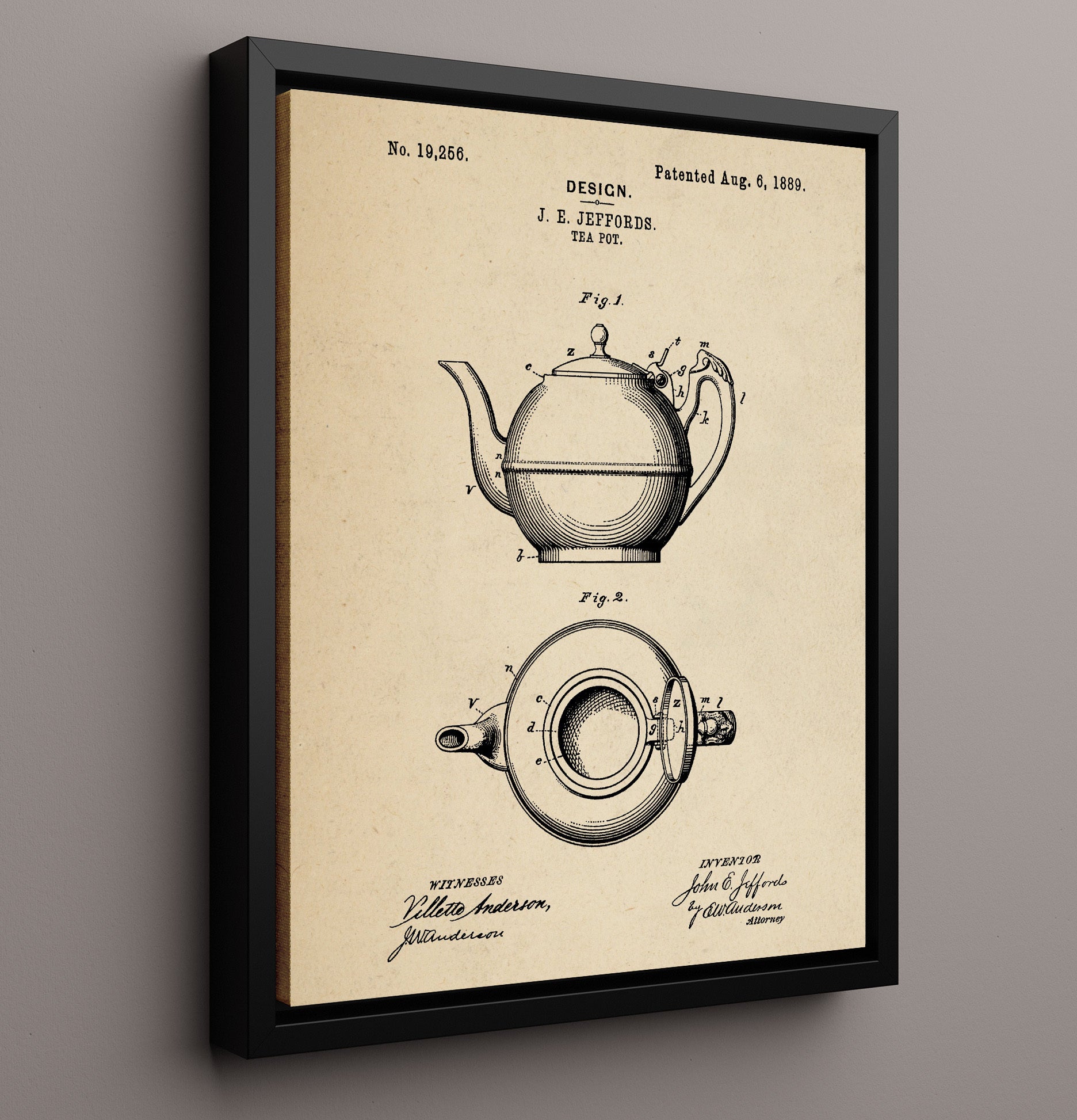 Patent Print - Tea Pot - J.E. Jeffords - 1889 - Patent D19256 Patent Wall Art
