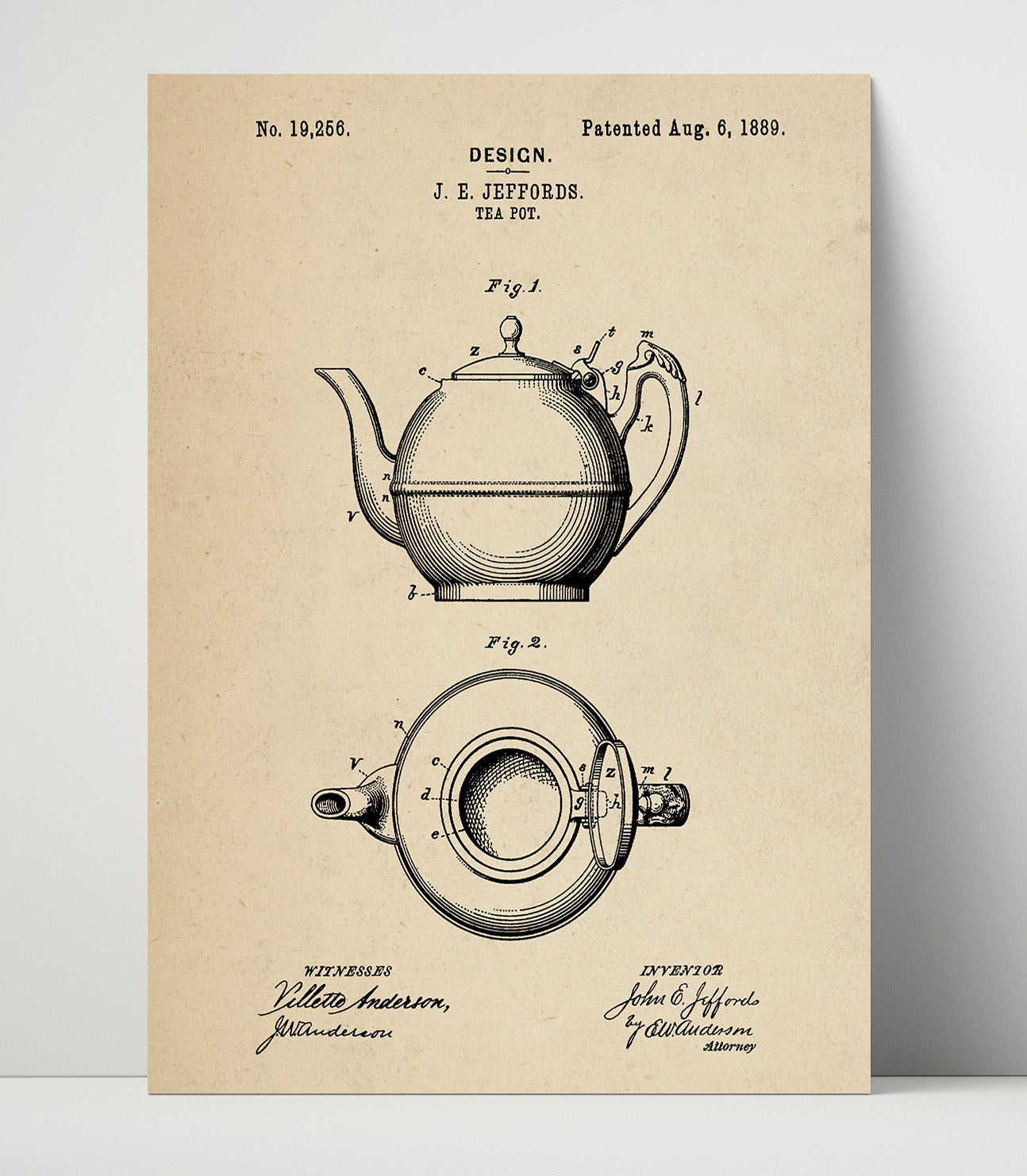 Patent Print - Tea Pot - J.E. Jeffords - 1889 - Patent D19256 Patent Wall Art