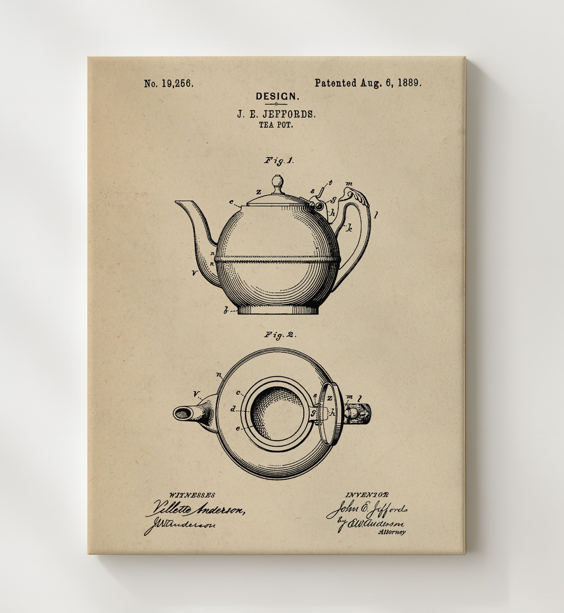 Patent Print - Tea Pot - J.E. Jeffords - 1889 - Patent D19256 Patent Wall Art