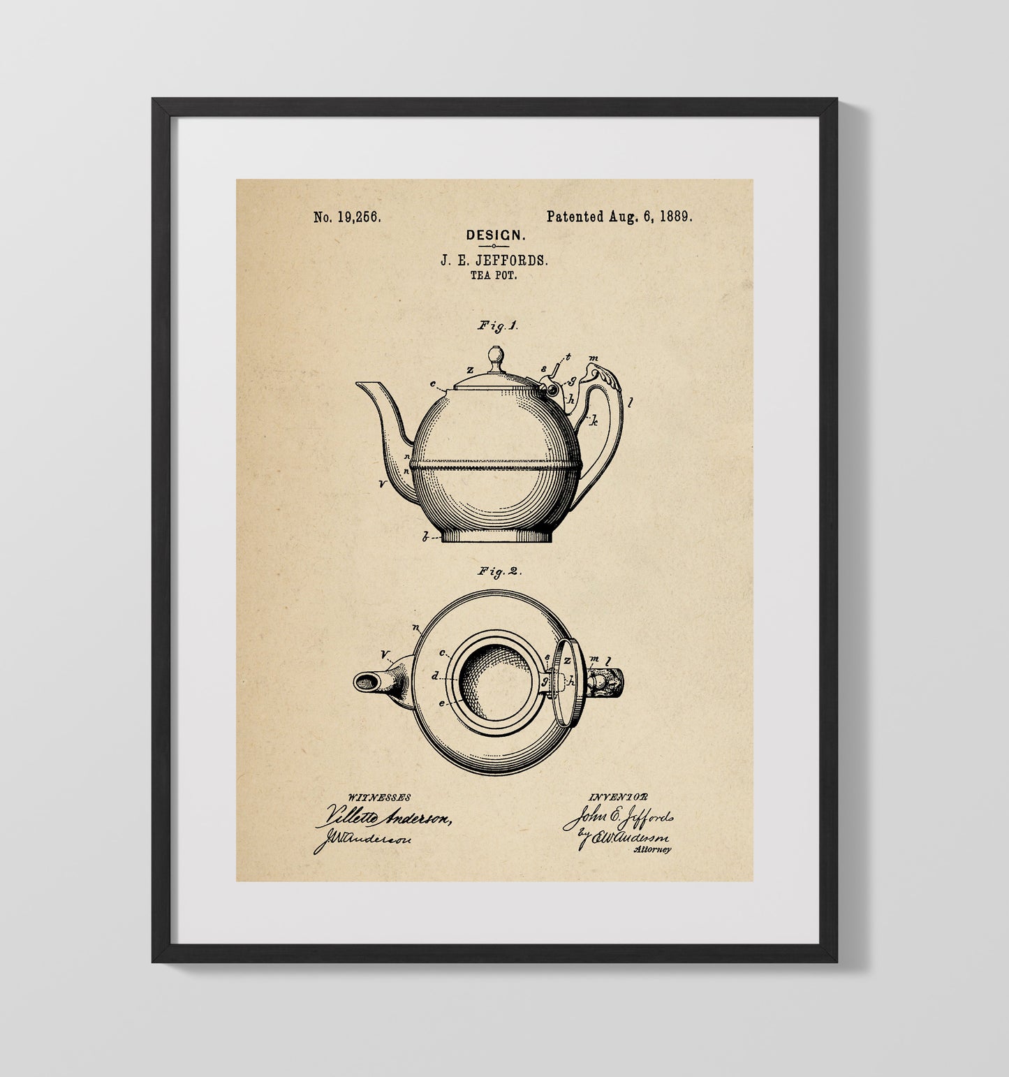 Patent Print - Tea Pot - J.E. Jeffords - 1889 - Patent D19256 Patent Wall Art