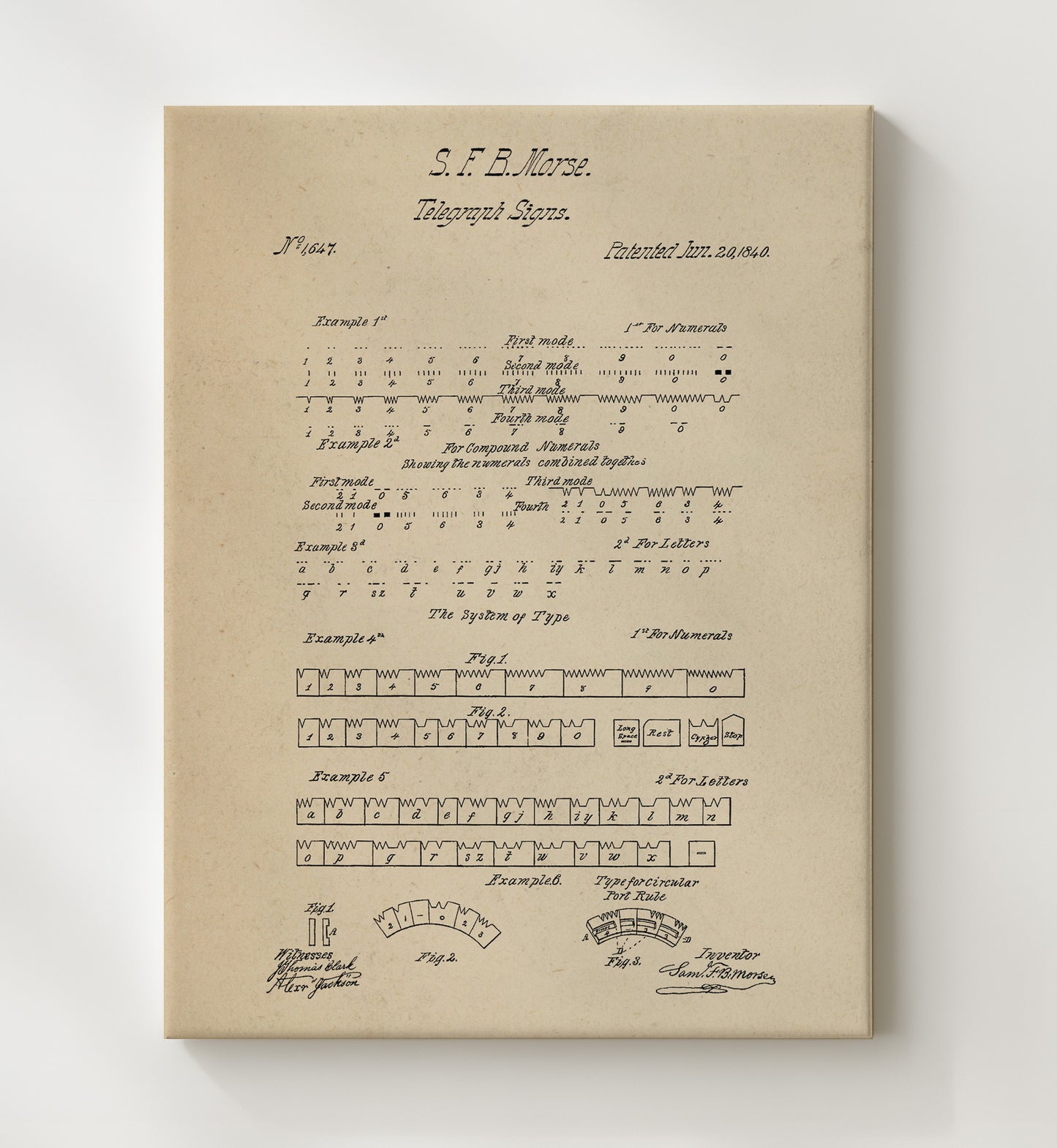 Patent Print - Telegraph Signs - Samuel F. B. Morse - 1840 - Patent 1647 Patent Wall Art