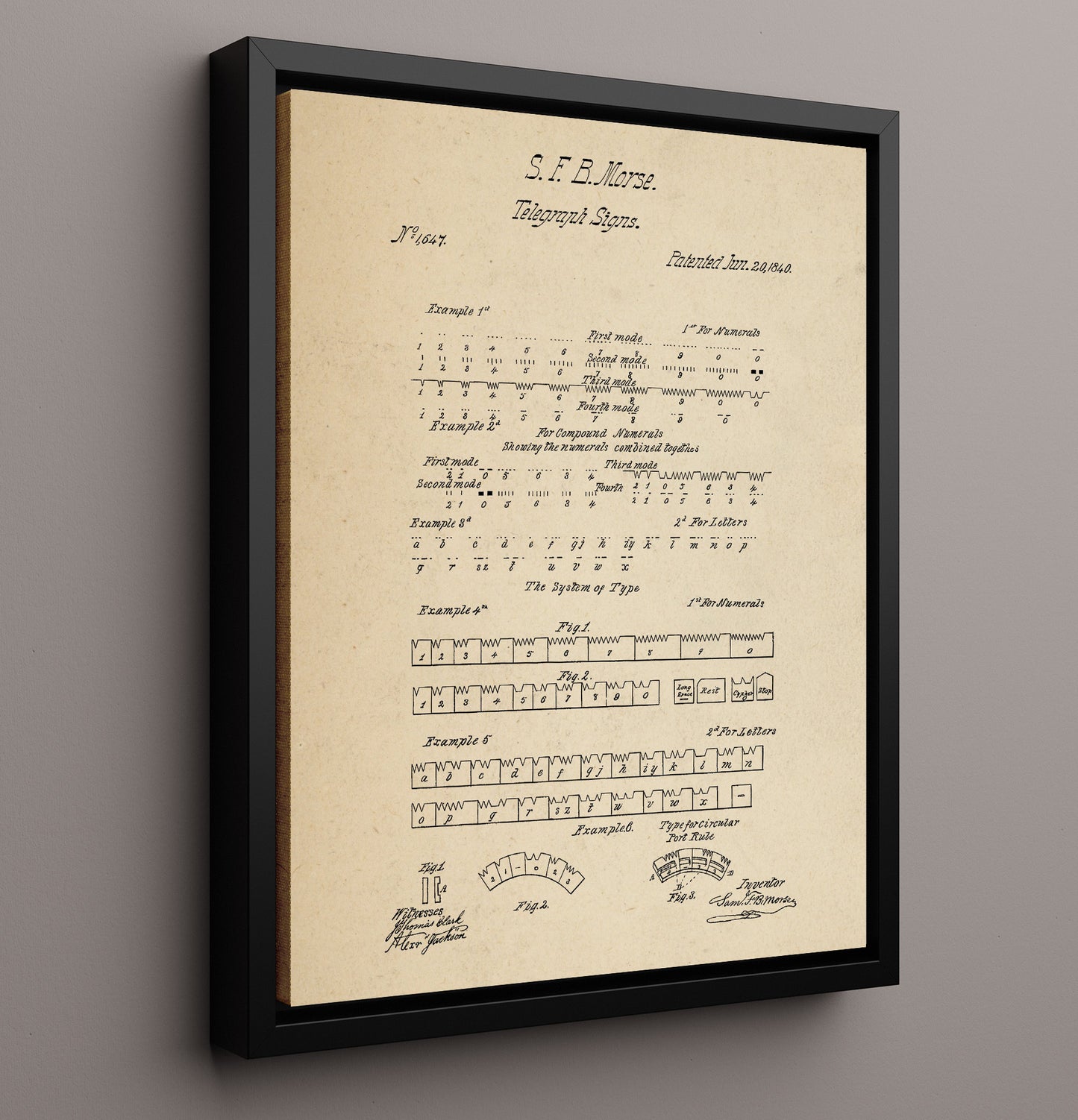 Patent Print - Telegraph Signs - Samuel F. B. Morse - 1840 - Patent 1647 Patent Wall Art