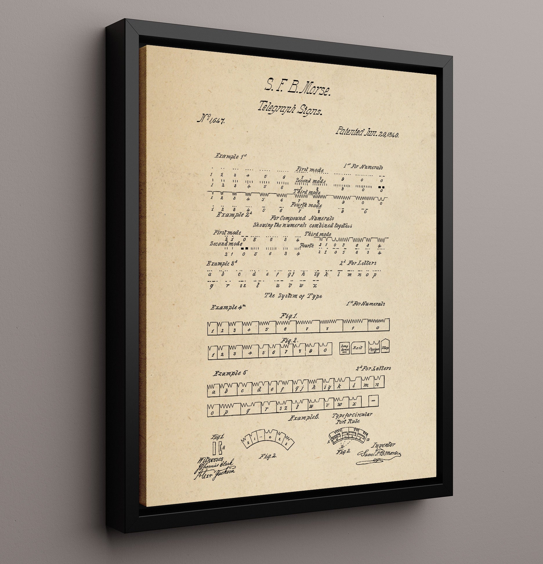 Patent Print - Telegraph Signs - Samuel F. B. Morse - 1840 - Patent 1647 Patent Wall Art