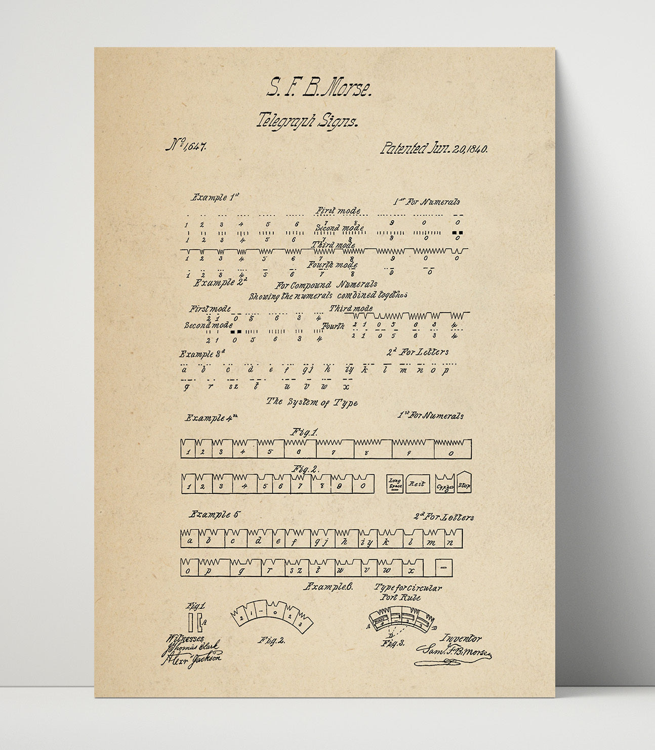 Patent Print - Telegraph Signs - Samuel F. B. Morse - 1840 - Patent 1647 Patent Wall Art