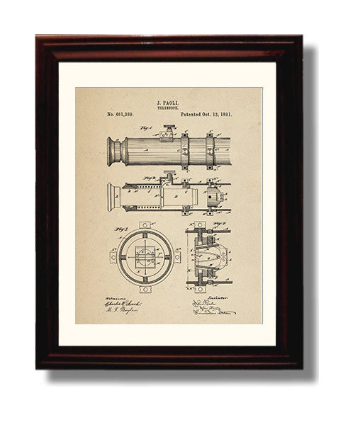Patent Print - Telescope - John Paoli - 1891 - Patent 461389 Patent Wall Art