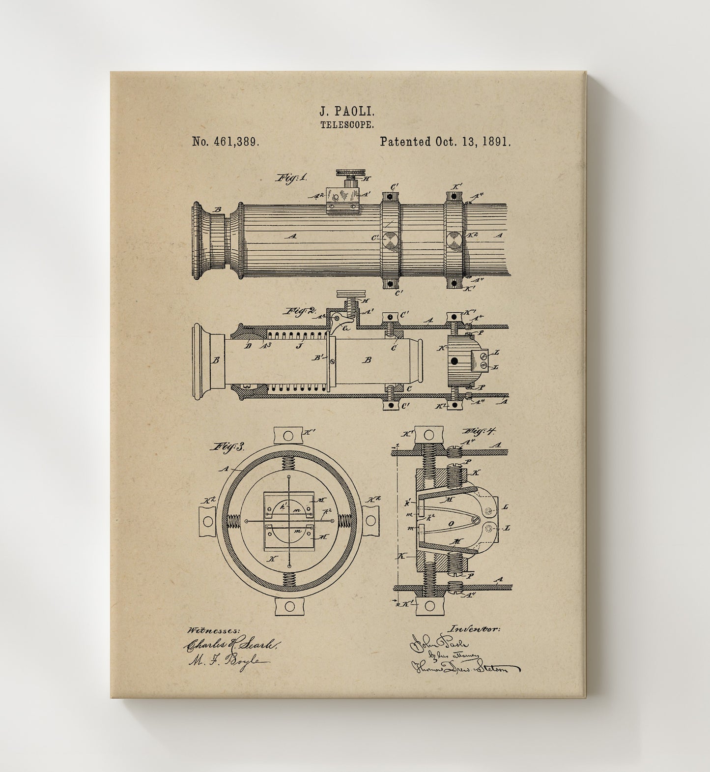 Patent Print - Telescope - John Paoli - 1891 - Patent 461389 Patent Wall Art
