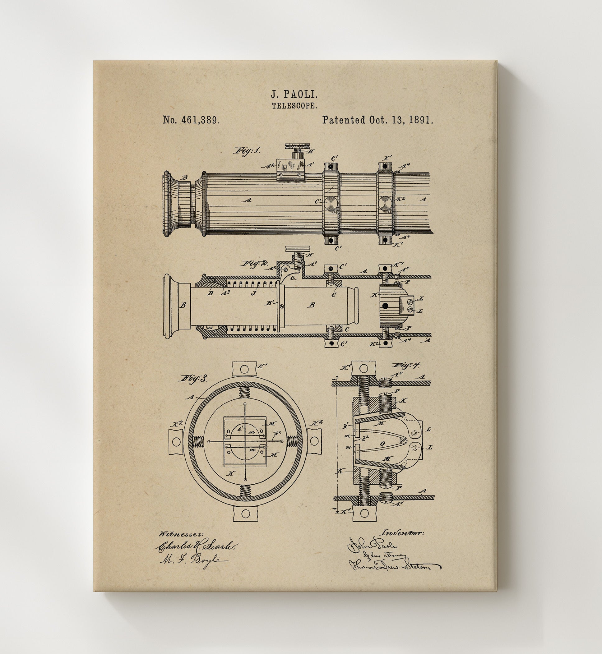 Patent Print - Telescope - John Paoli - 1891 - Patent 461389 Patent Wall Art