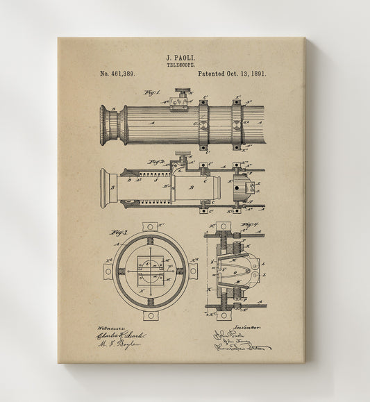 Telescope 1891 patent print wall art 8x10 Canvas