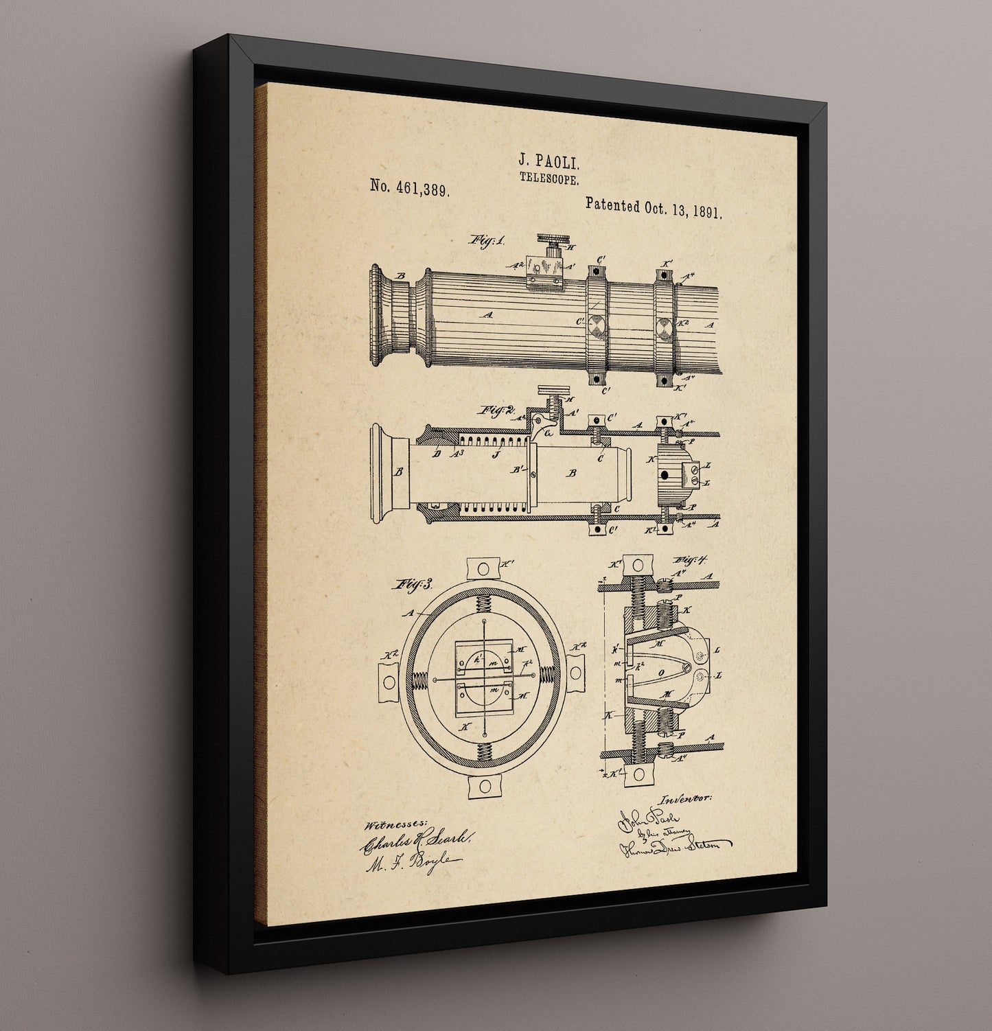 Patent Print - Telescope - John Paoli - 1891 - Patent 461389 Patent Wall Art