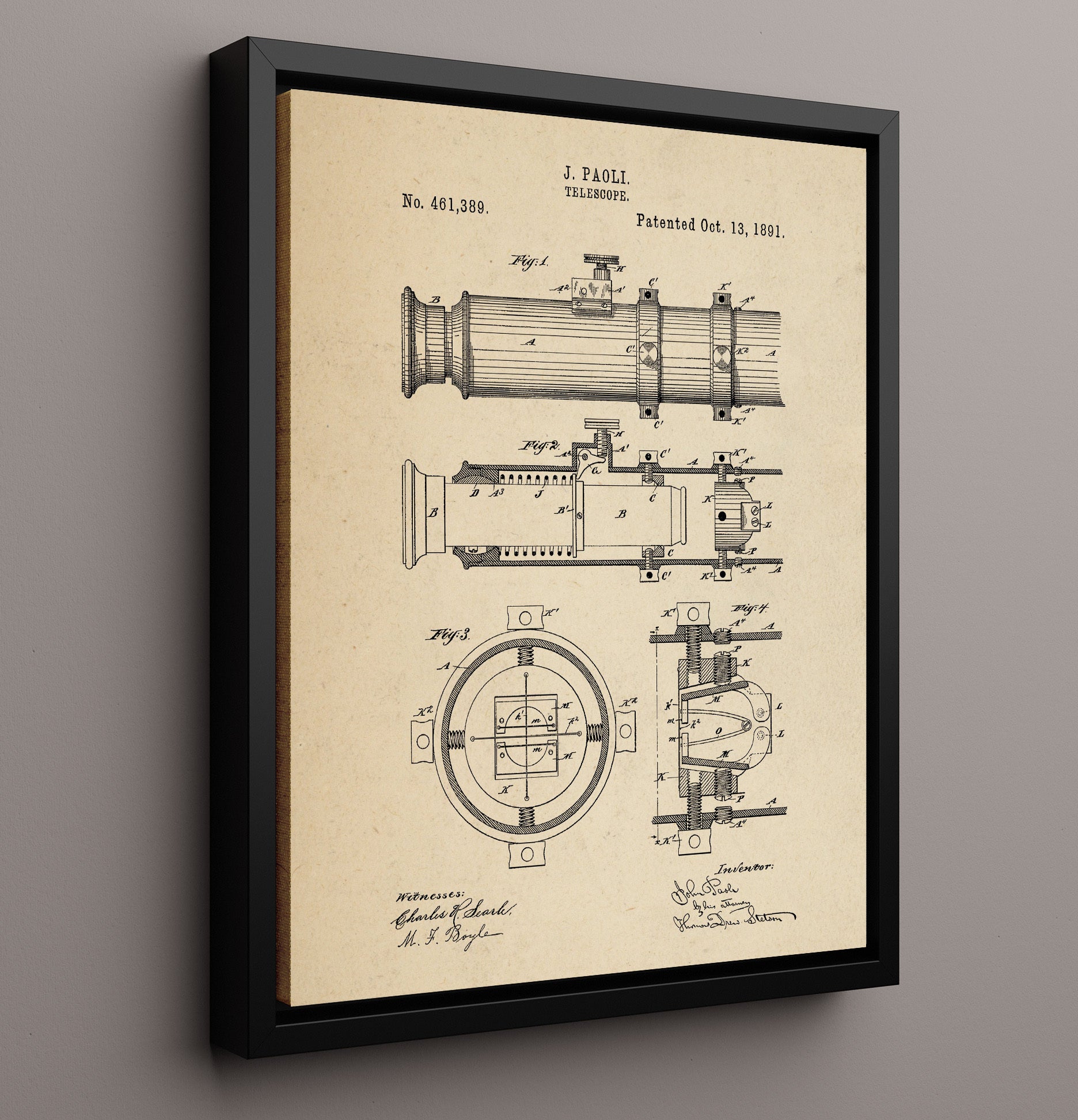 Patent Print - Telescope - John Paoli - 1891 - Patent 461389 Patent Wall Art