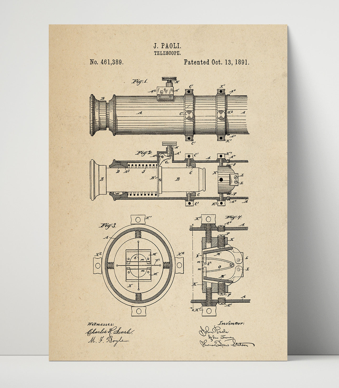 Patent Print - Telescope - John Paoli - 1891 - Patent 461389 Patent Wall Art