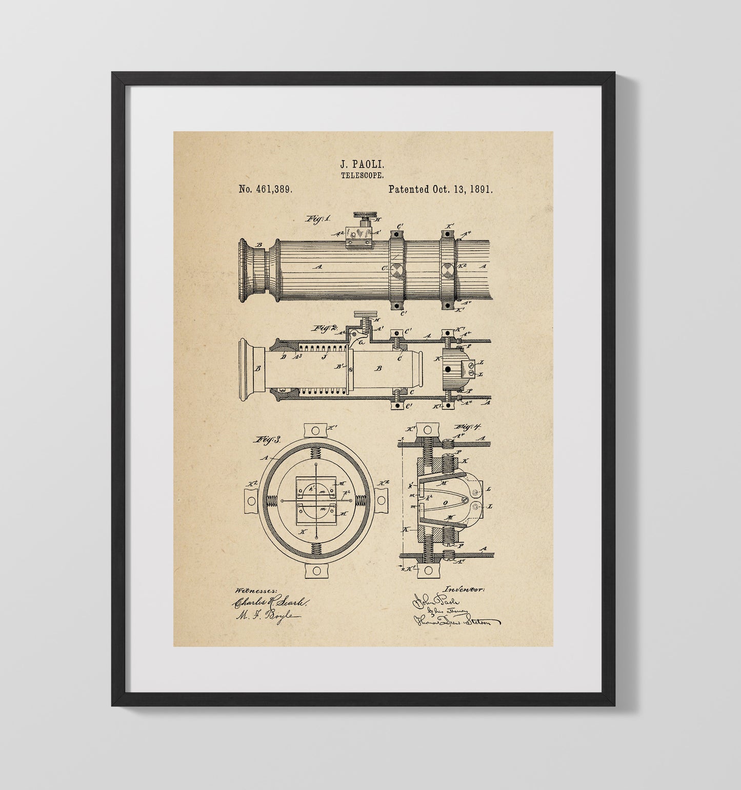 Patent Print - Telescope - John Paoli - 1891 - Patent 461389 Patent Wall Art