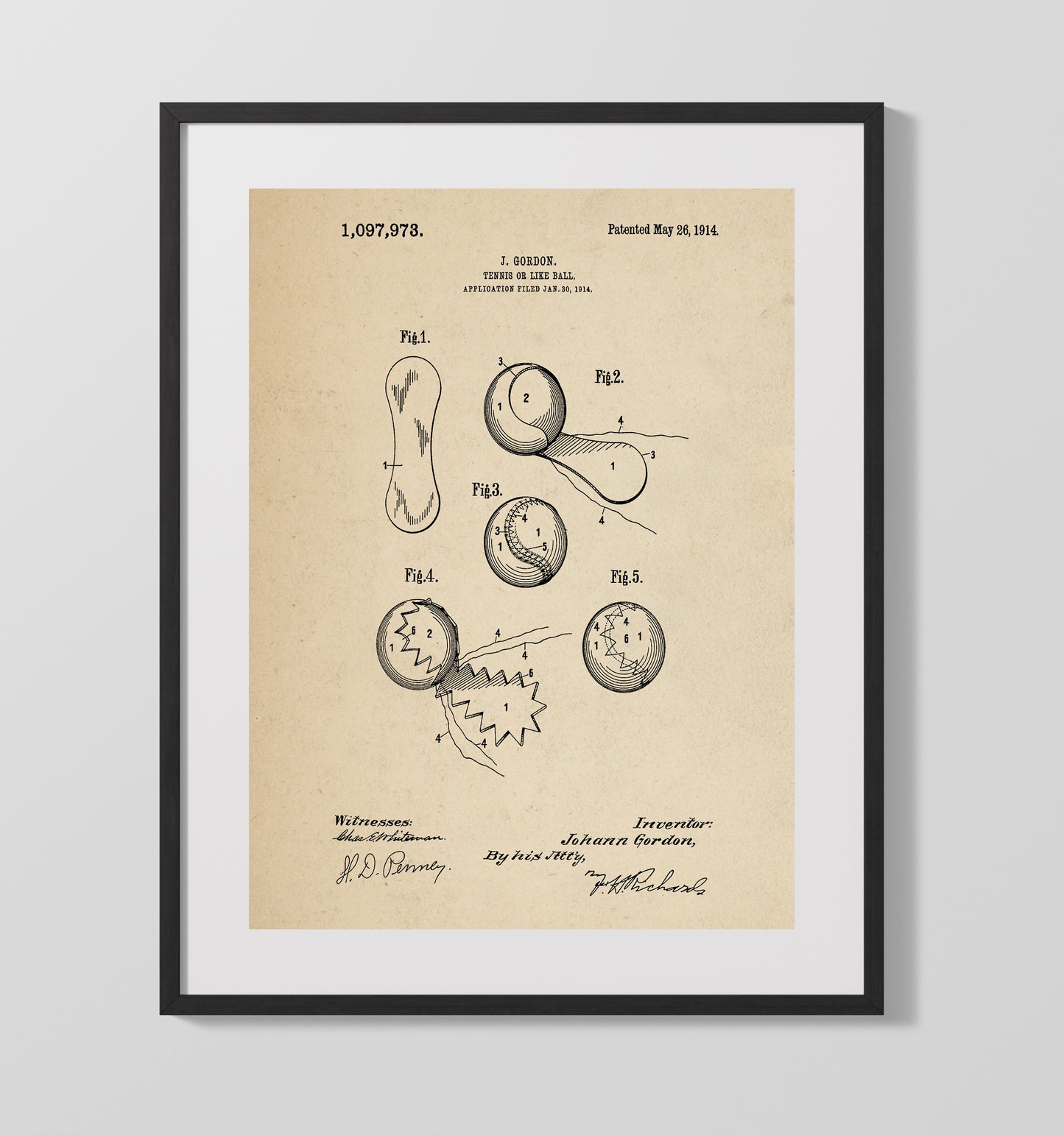 Patent Print - Tennis Ball - J Gordon - 1914 - Patent 1097973 Patent Wall Art