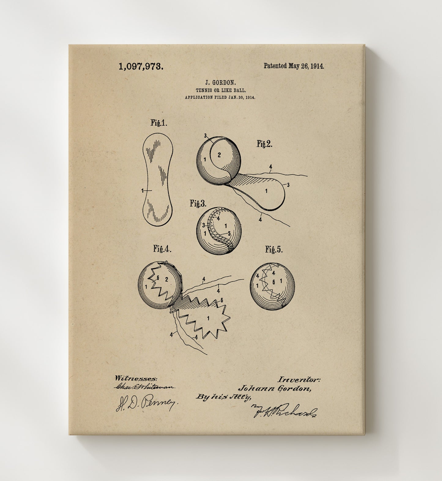 Patent Print - Tennis Ball - J Gordon - 1914 - Patent 1097973 Patent Wall Art