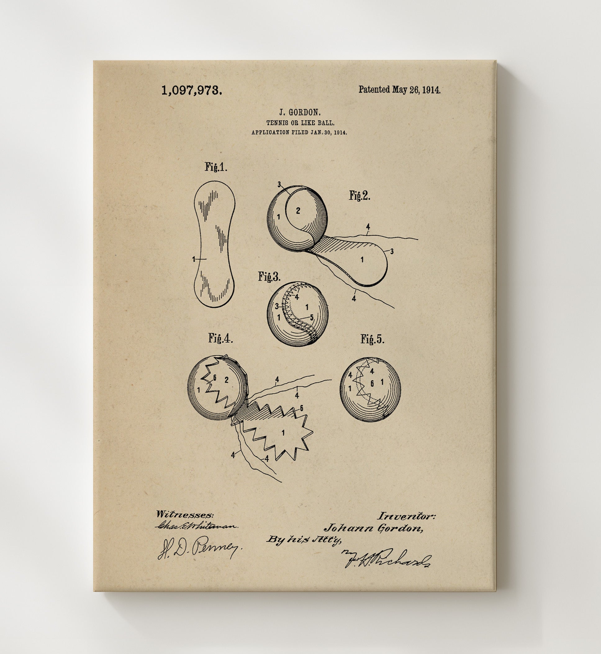 Patent Print - Tennis Ball - J Gordon - 1914 - Patent 1097973 Patent Wall Art