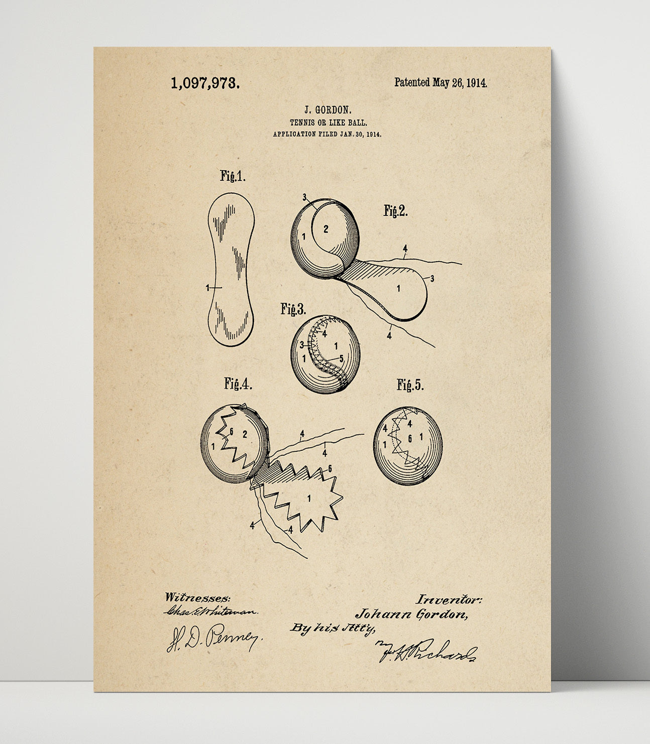 Patent Print - Tennis Ball - J Gordon - 1914 - Patent 1097973 Patent Wall Art