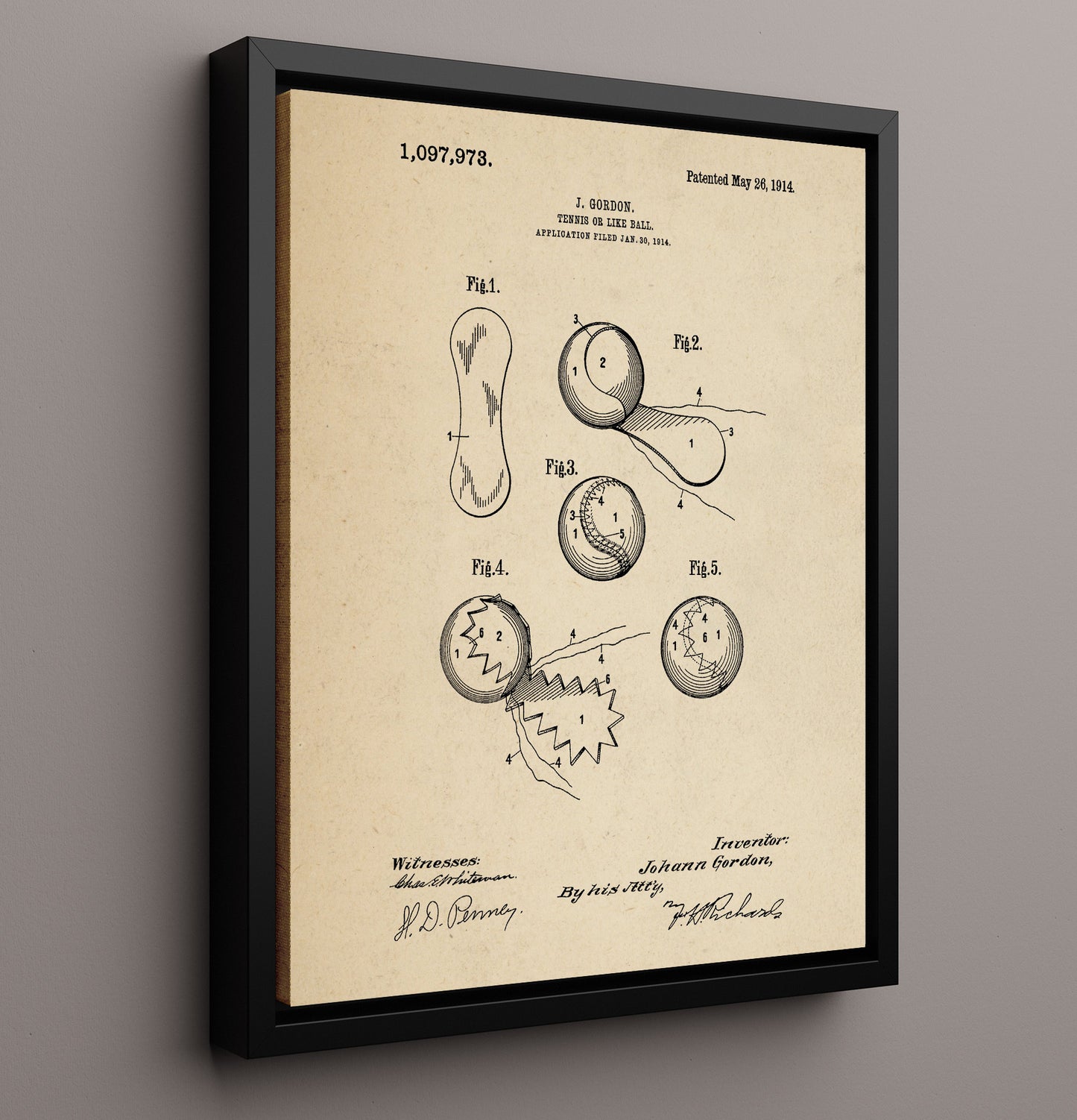 Patent Print - Tennis Ball - J Gordon - 1914 - Patent 1097973 Patent Wall Art