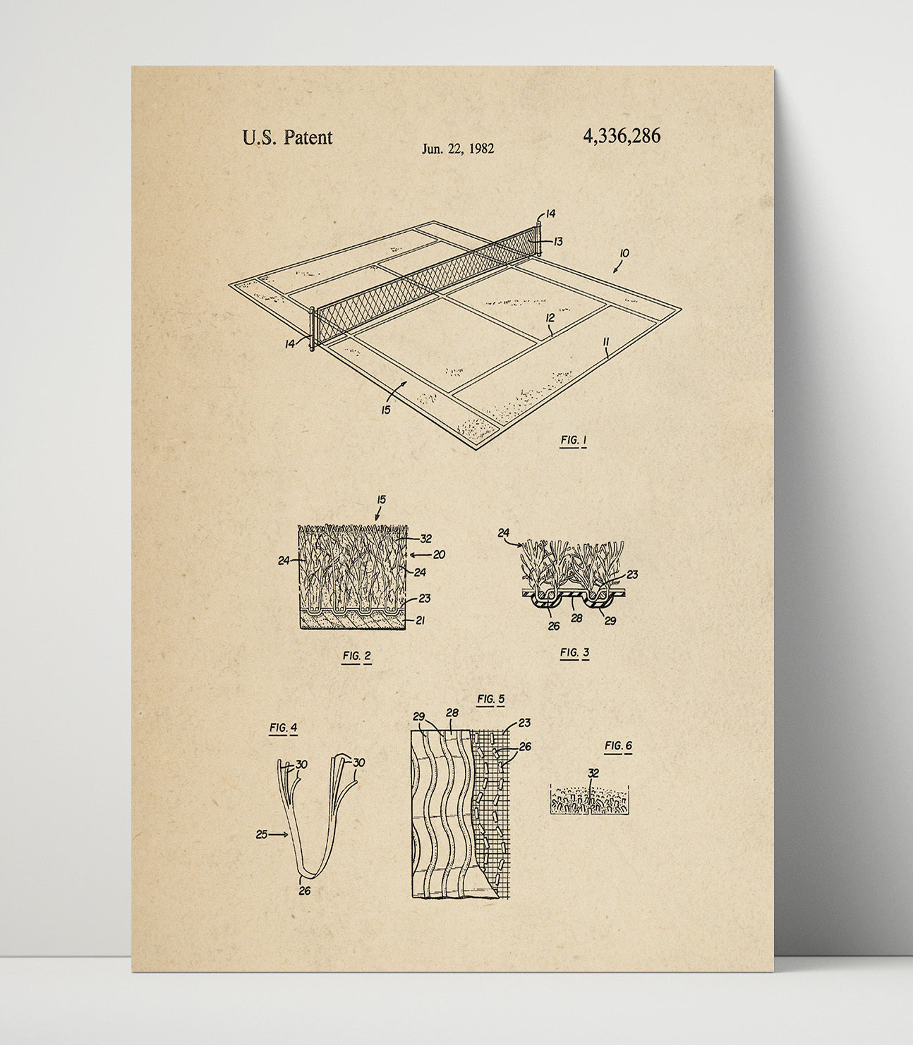Patent Print - Tennis Court Surface - Unknown Inventor - 1982 - Patent 4336286 Patent Wall Art