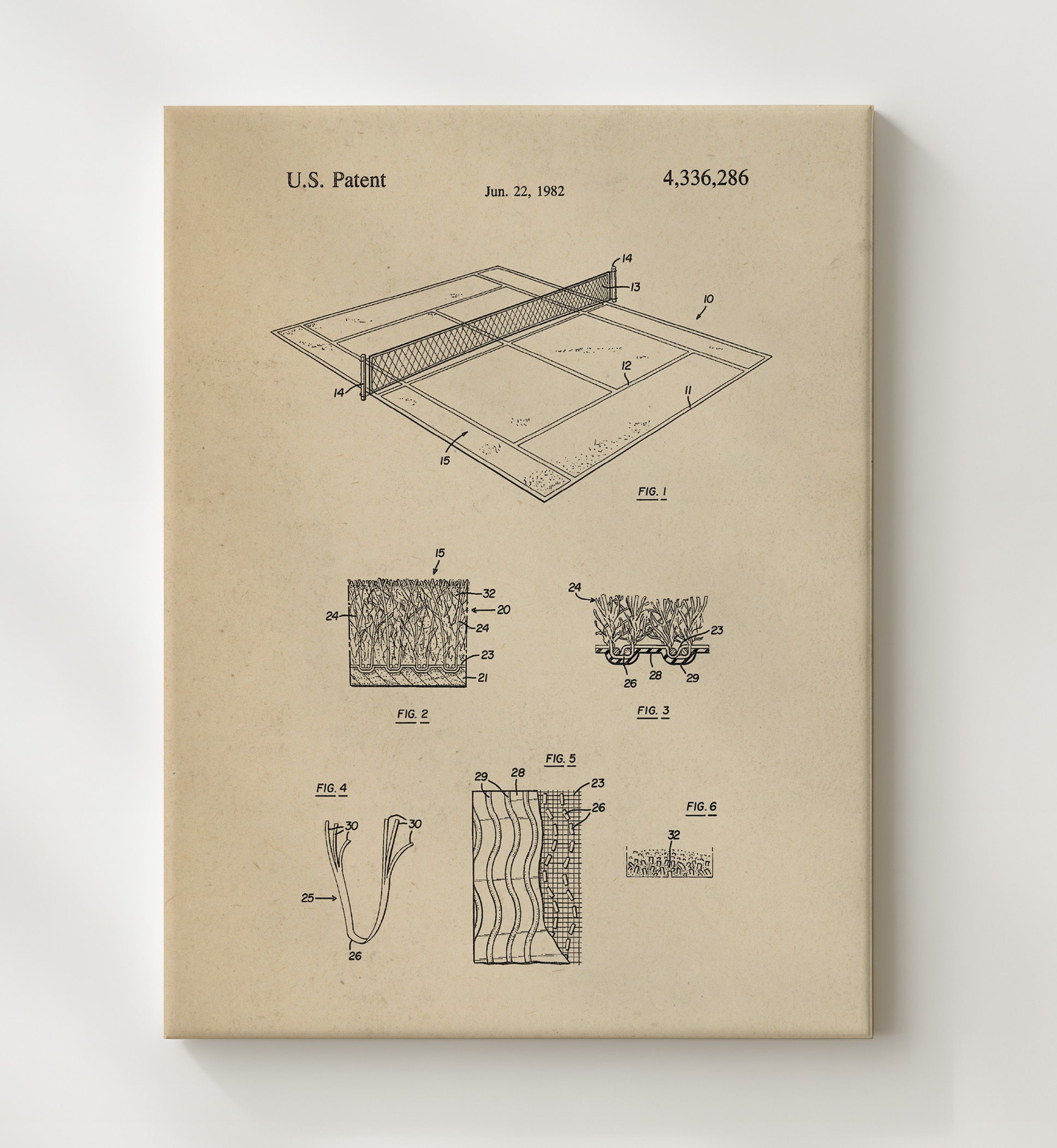 Patent Print - Tennis Court Surface - Unknown Inventor - 1982 - Patent 4336286 Patent Wall Art