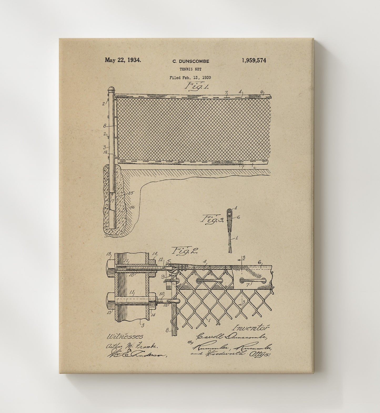 Patent Print - Tennis Net - C Dunscombe - 1934 - Patent 1959574 Patent Wall Art