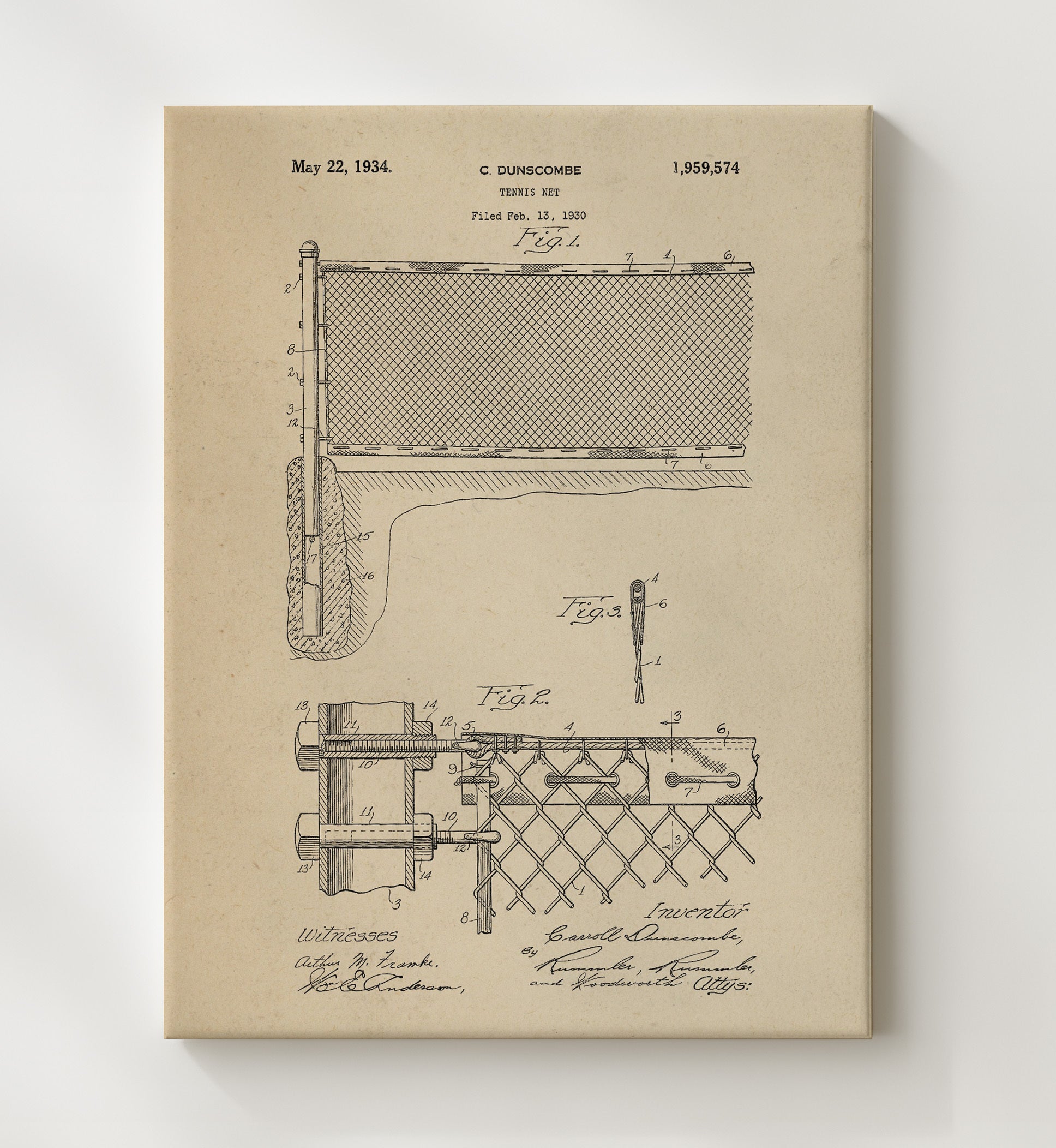Patent Print - Tennis Net - C Dunscombe - 1934 - Patent 1959574 Patent Wall Art