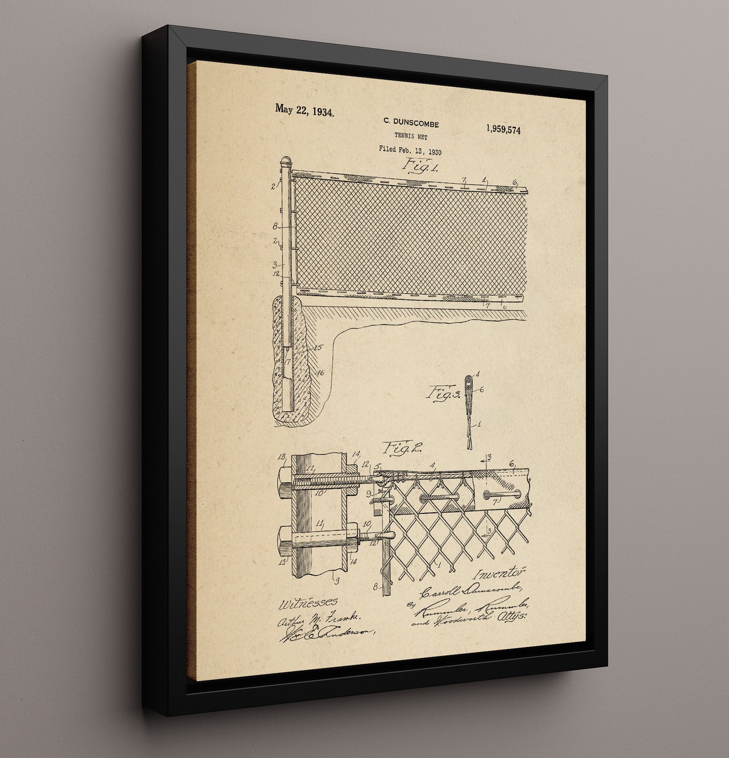 Patent Print - Tennis Net - C Dunscombe - 1934 - Patent 1959574 Patent Wall Art