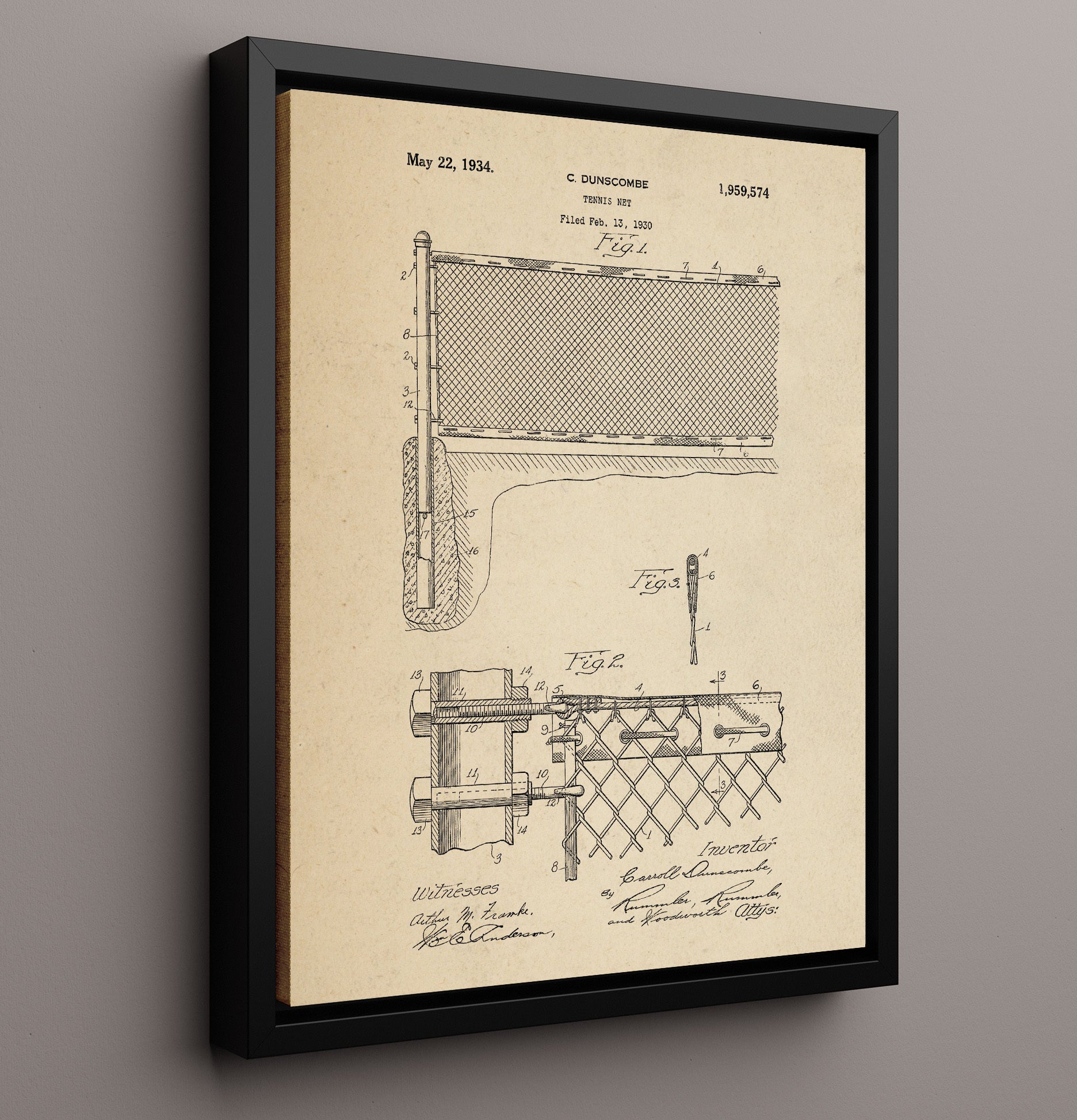 Patent Print - Tennis Net - C Dunscombe - 1934 - Patent 1959574 Patent Wall Art