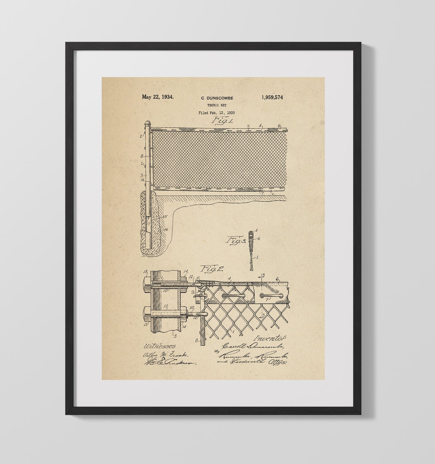 Patent Print - Tennis Net - C Dunscombe - 1934 - Patent 1959574 Patent Wall Art