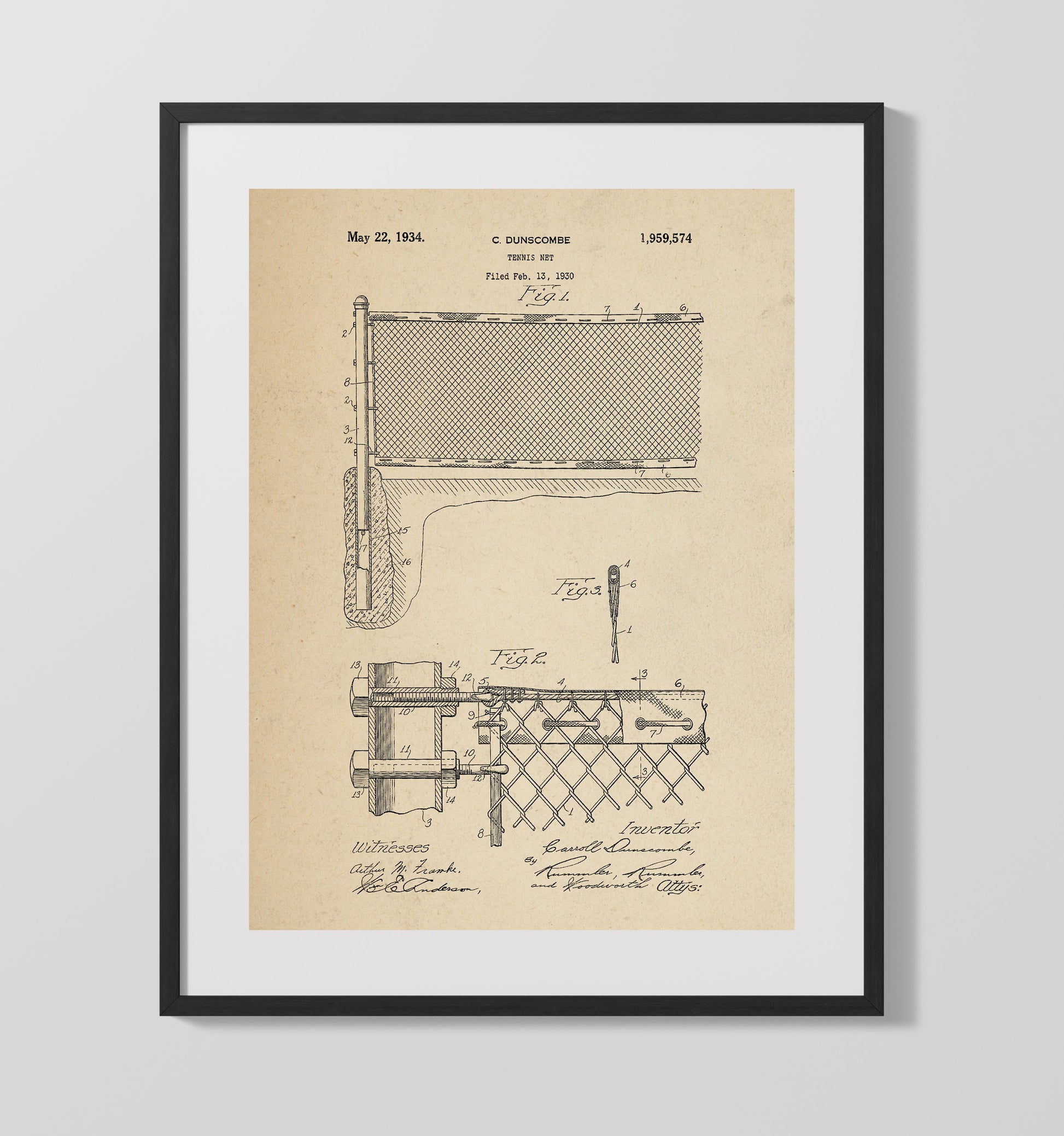 Patent Print - Tennis Net - C Dunscombe - 1934 - Patent 1959574 Patent Wall Art
