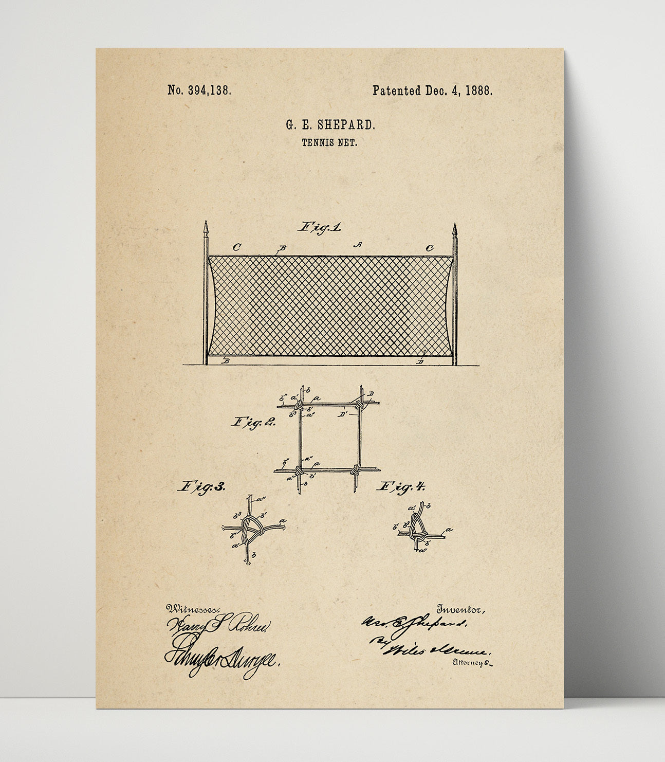 Patent Print - Tennis Net - G E Shepard - 1888 - Patent 394138 Patent Wall Art