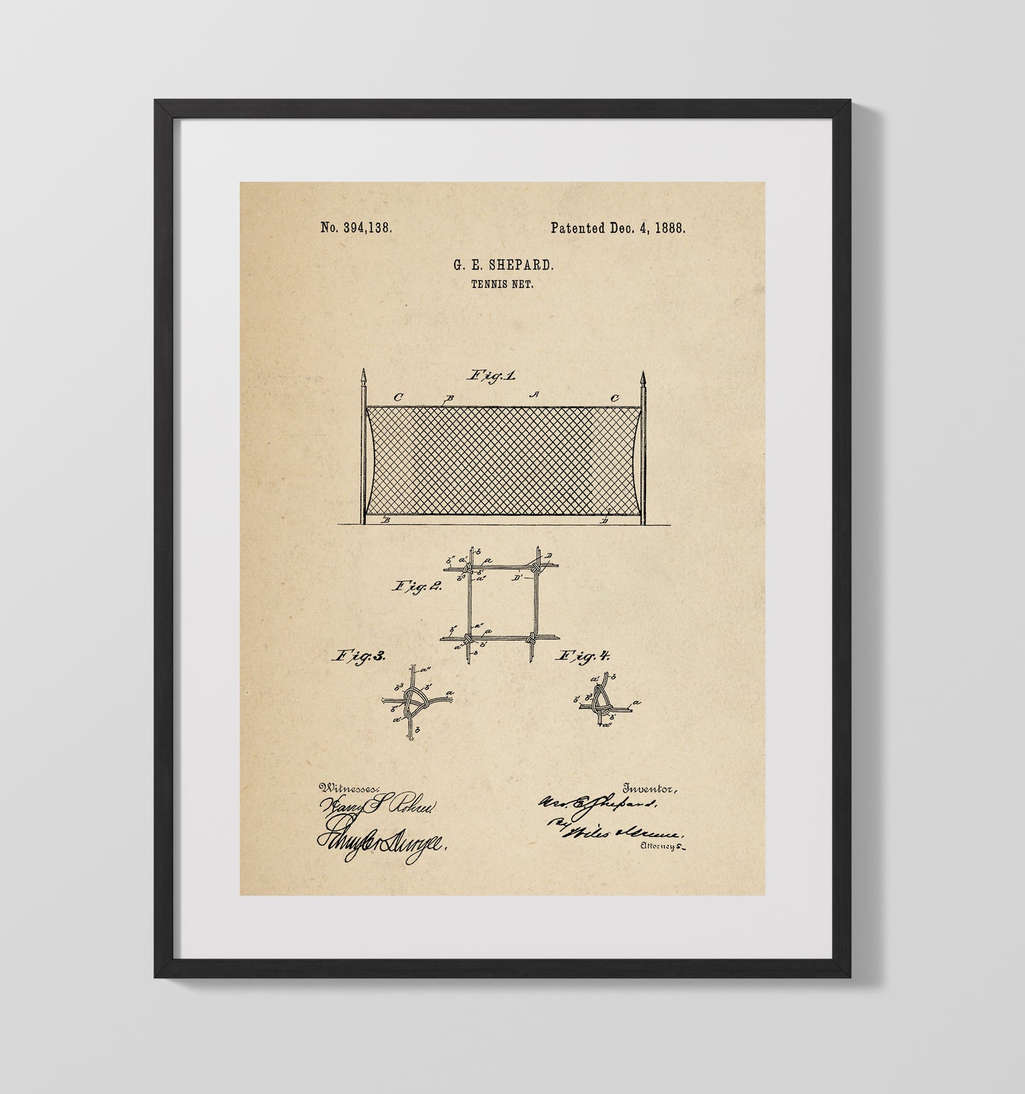 Patent Print - Tennis Net - G E Shepard - 1888 - Patent 394138 Patent Wall Art