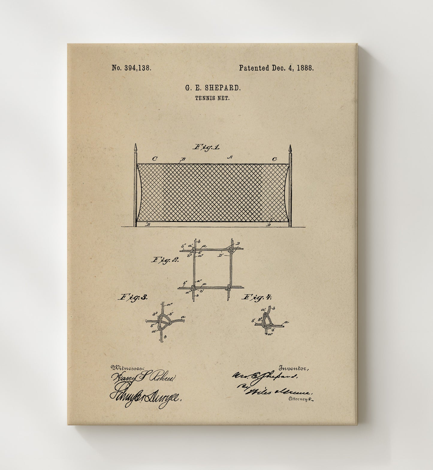 Patent Print - Tennis Net - G E Shepard - 1888 - Patent 394138 Patent Wall Art