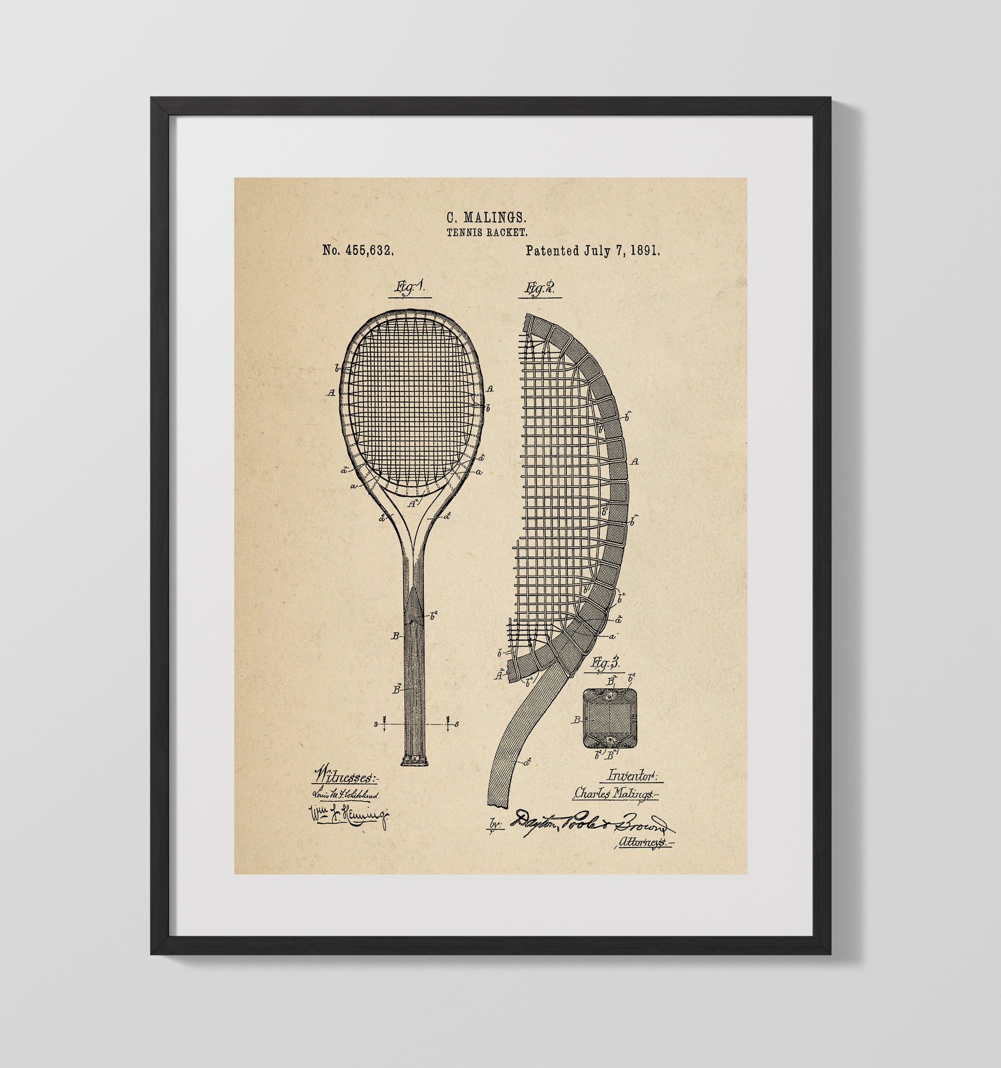 Patent Print - Tennis Racket - C Malings - 1891 - Patent 455632 Patent Wall Art