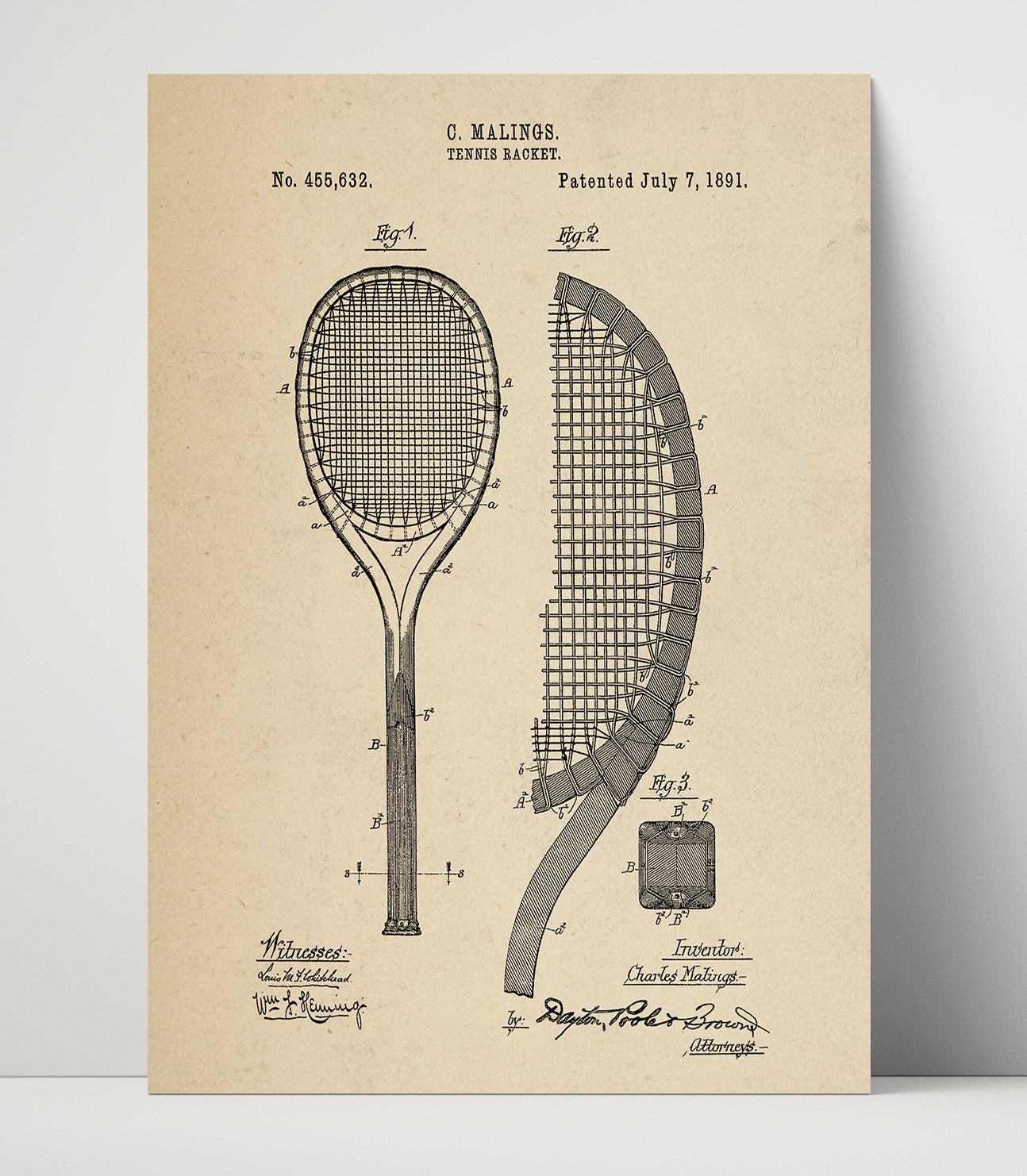 Patent Print - Tennis Racket - C Malings - 1891 - Patent 455632 Patent Wall Art