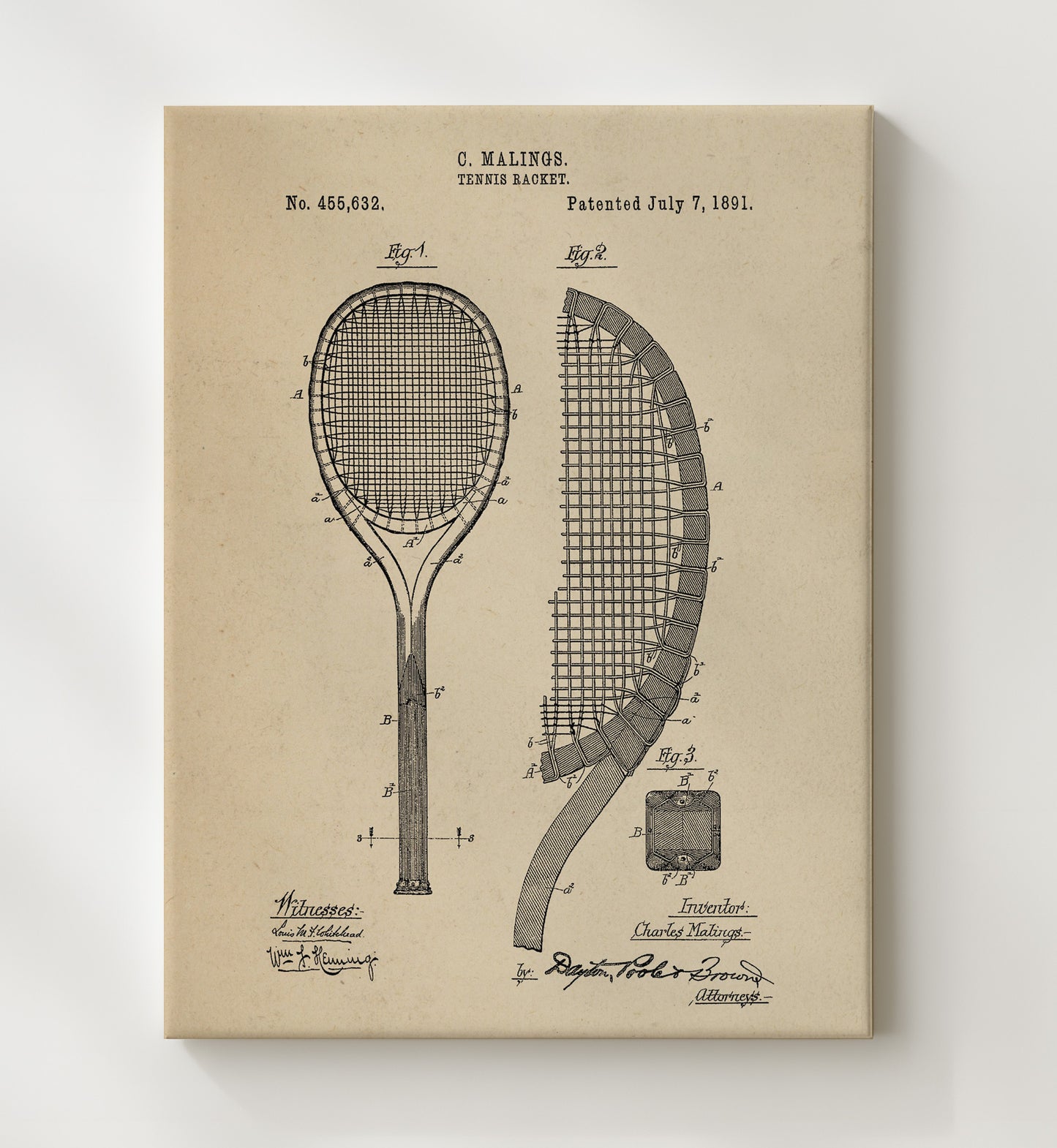 Patent Print - Tennis Racket - C Malings - 1891 - Patent 455632 Patent Wall Art