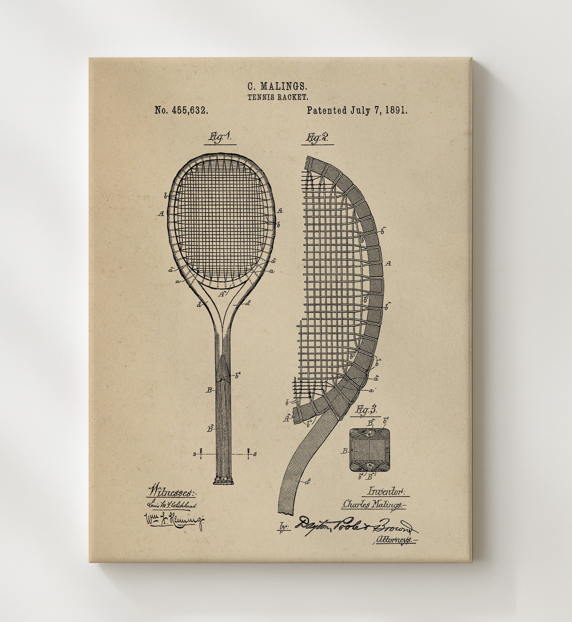 Patent Print - Tennis Racket - C Malings - 1891 - Patent 455632 Patent Wall Art