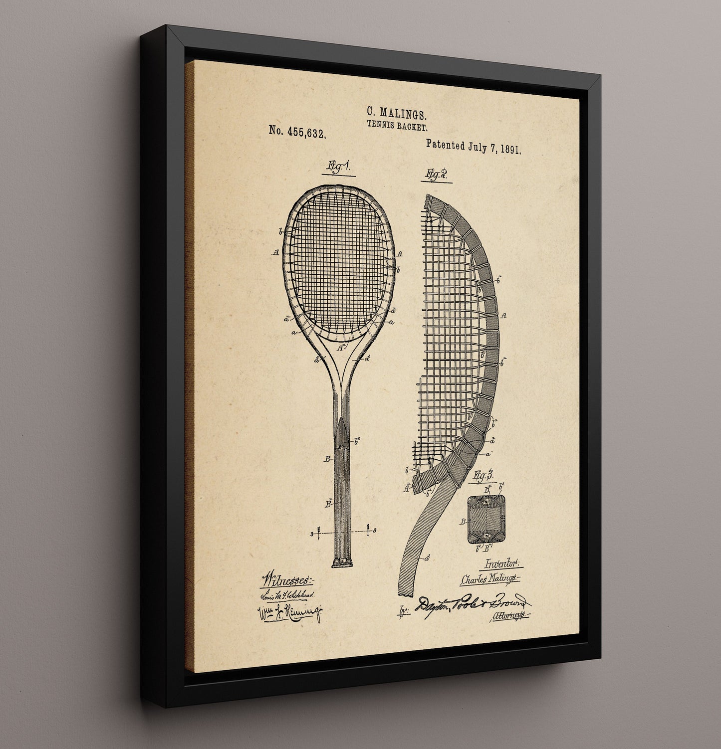 Patent Print - Tennis Racket - C Malings - 1891 - Patent 455632 Patent Wall Art