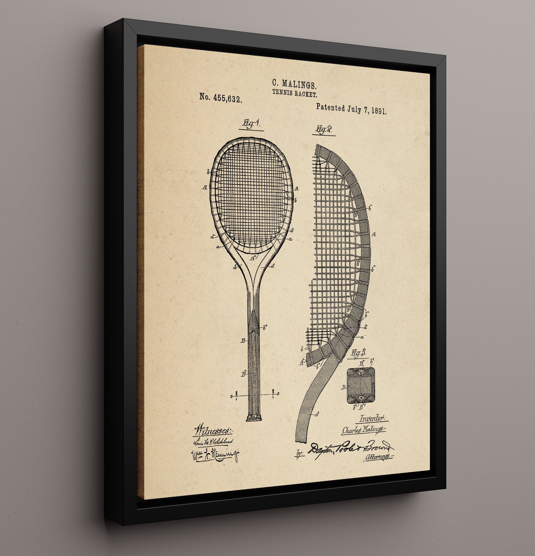 Patent Print - Tennis Racket - C Malings - 1891 - Patent 455632 Patent Wall Art